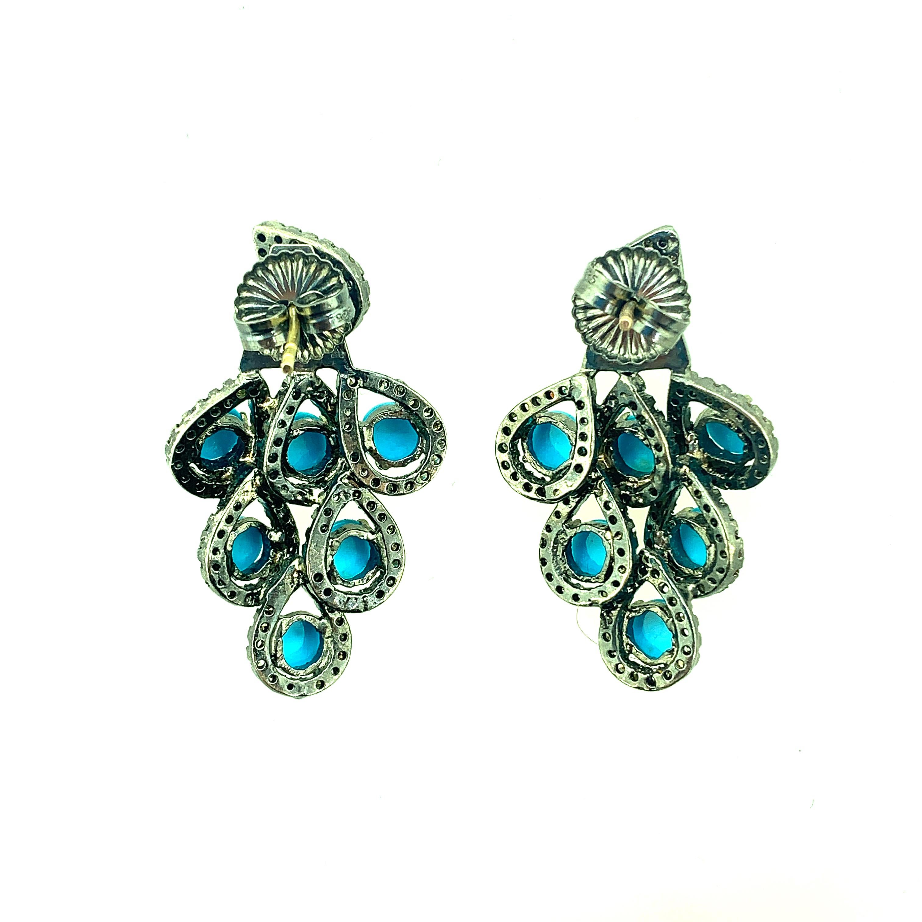 6.45 Carat Turquoise, Diamond Earring in Oxidized Sterling Silver, 14 Karat Gold For Sale 1