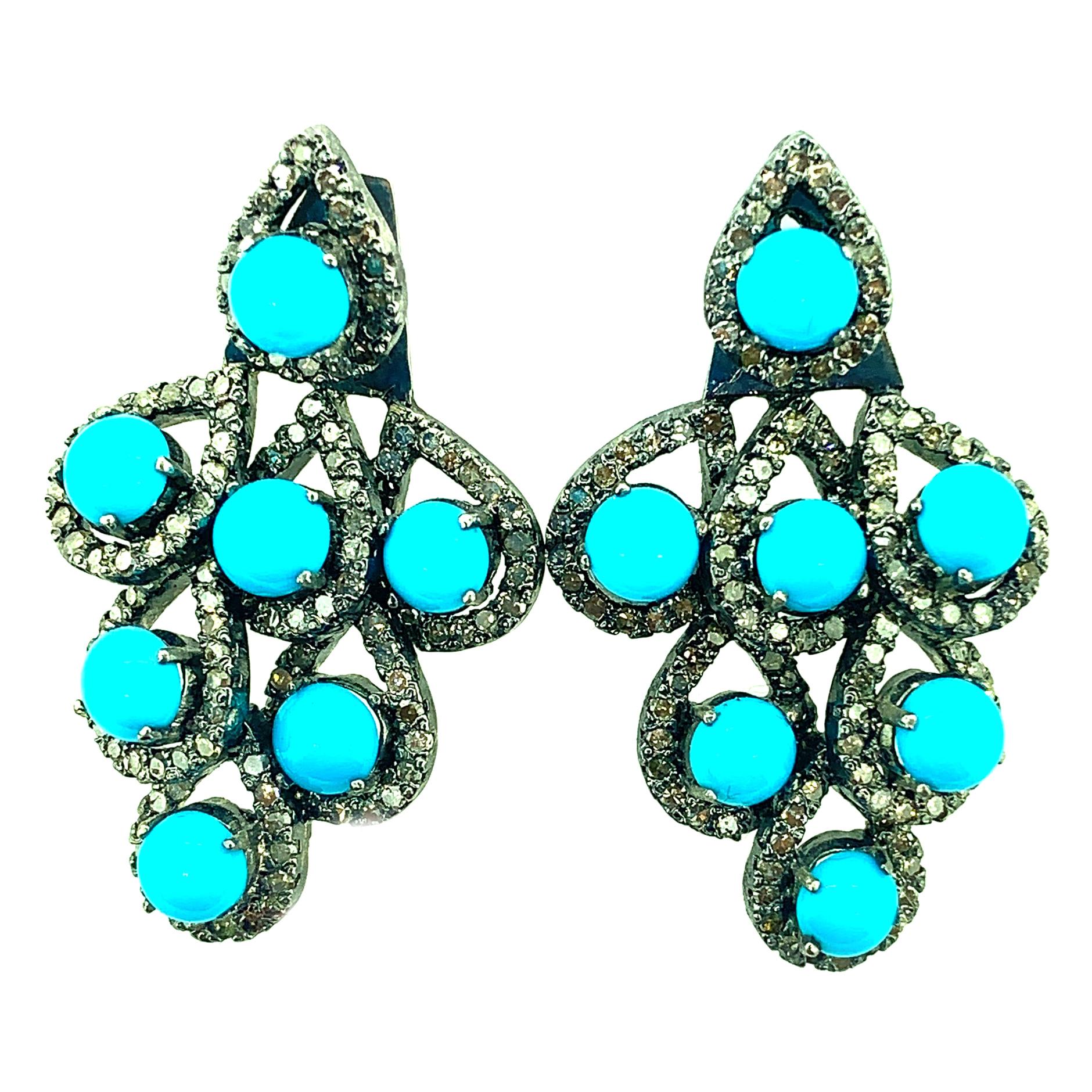6.45 Carat Turquoise, Diamond Earring in Oxidized Sterling Silver, 14 Karat Gold For Sale