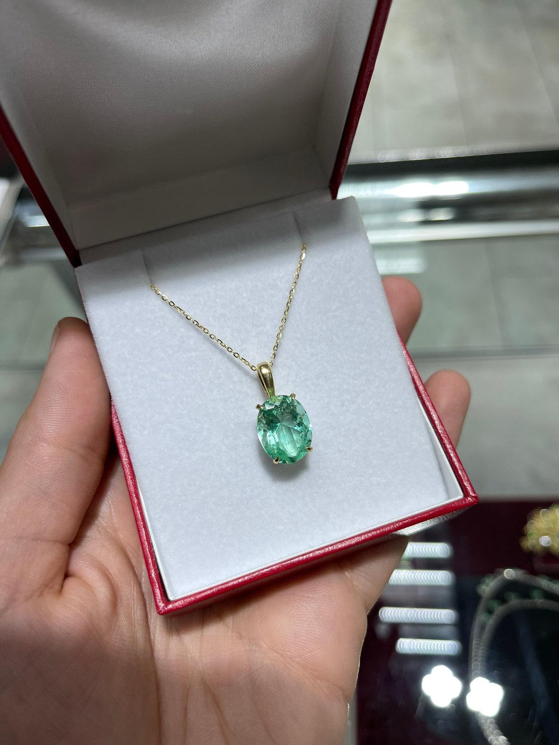 Oval Cut 6.45ct Bluish Green Oval Colombian Emerald Solitaire Necklace 18K Gold Pendant For Sale