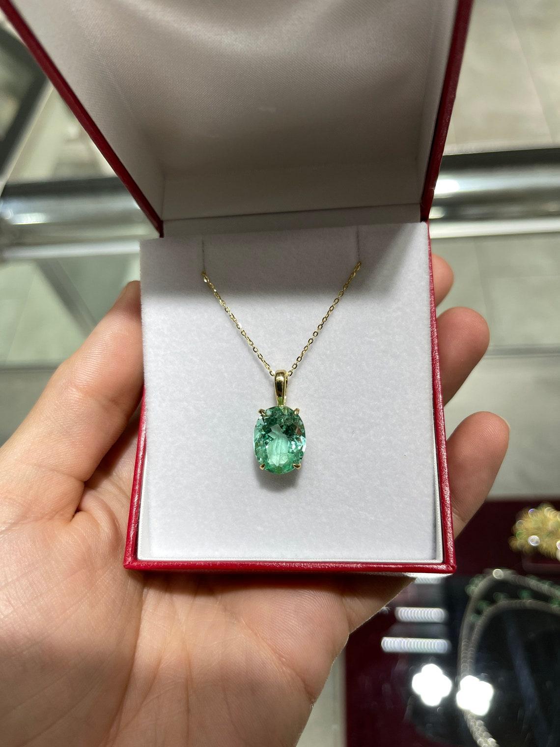 6.45ct Bluish Green Oval Colombian Emerald Solitaire Necklace 18K Gold Pendant In New Condition For Sale In Jupiter, FL