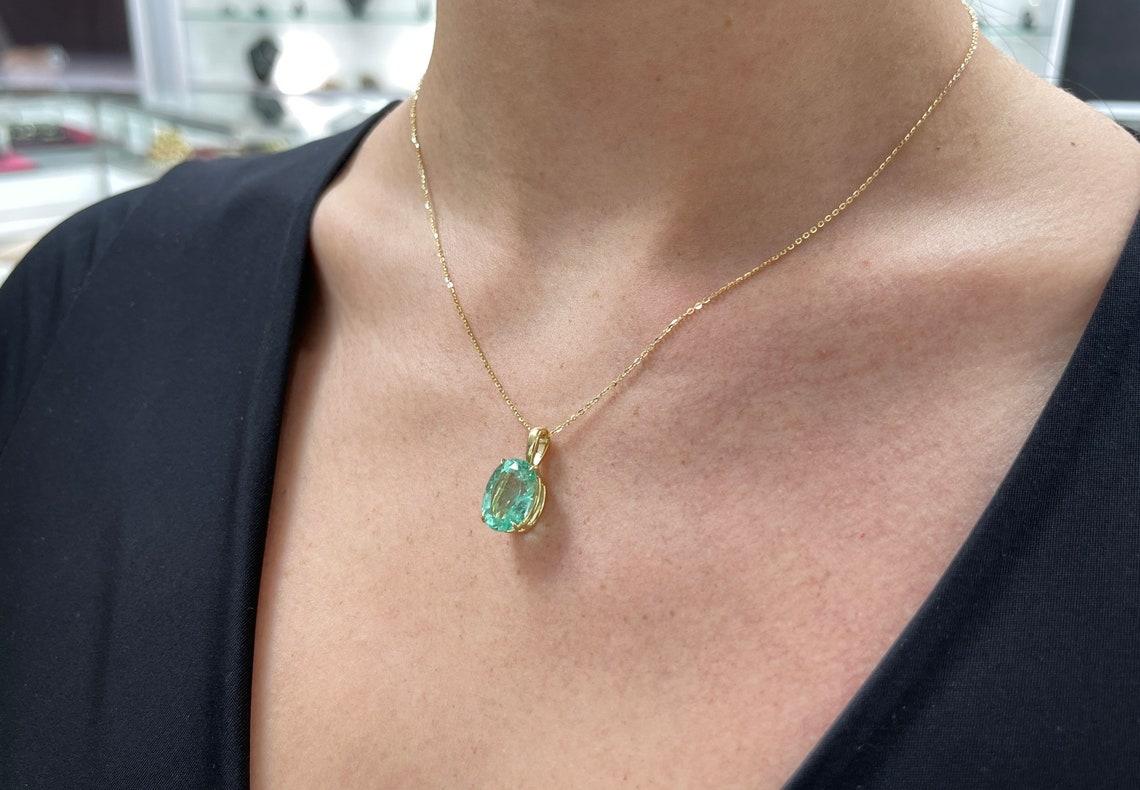 Women's 6.45ct Bluish Green Oval Colombian Emerald Solitaire Necklace 18K Gold Pendant For Sale