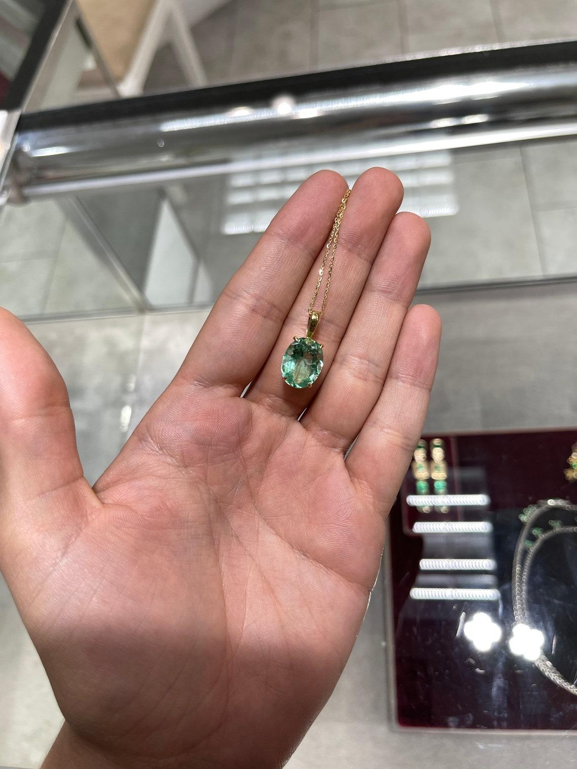 6.45ct Bluish Green Oval Colombian Emerald Solitaire Necklace 18K Gold Pendant For Sale 1