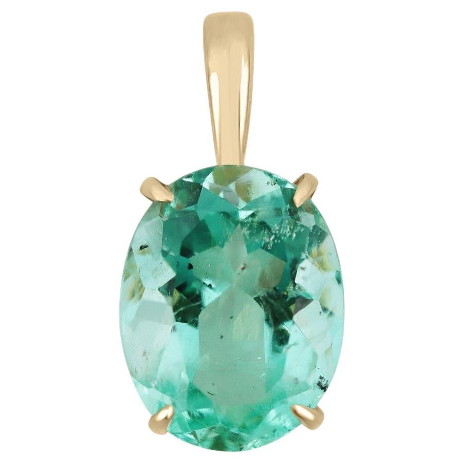 6.45ct Bluish Green Oval Colombian Emerald Solitaire Necklace 18K Gold Pendant