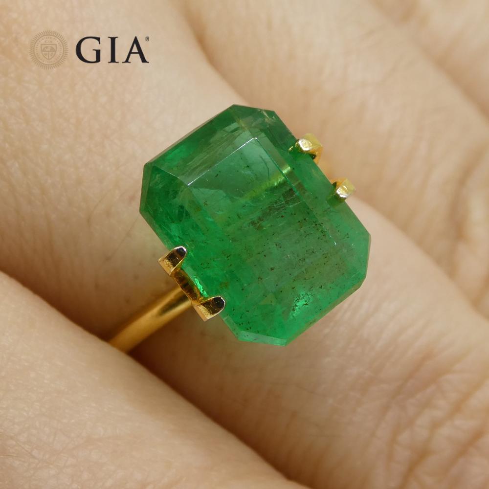 This is a stunning GIA Certified Emerald 

The GIA report reads as follows:

GIA Report Number: 5211851377
Shape: Octagonal
Cutting Style: Step Cut
Cutting Style: Crown: 
Cutting Style: Pavilion: 
Transparency: Transparent to Semi-Transparent
Color:
