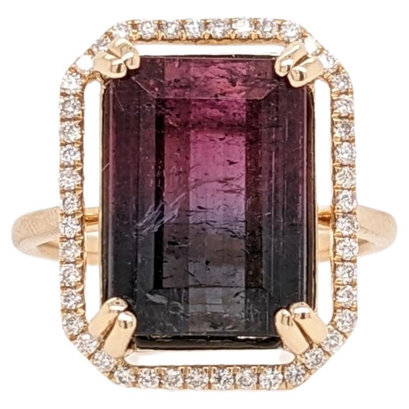 6.45ct Tourmaline Ring w Diamond Halo in Solid 14k Yellow Gold Emerald Cut  For Sale