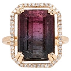 Bague avec halo de tourmalines de 6,45 carats et diamants en or jaune massif 14 carats taille émeraude 