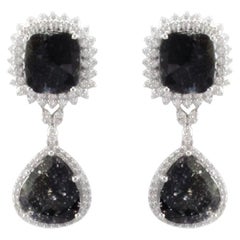 6.45CTW Black Diamond and 1.27CTW Diamond Earrings in 18K White Gold
