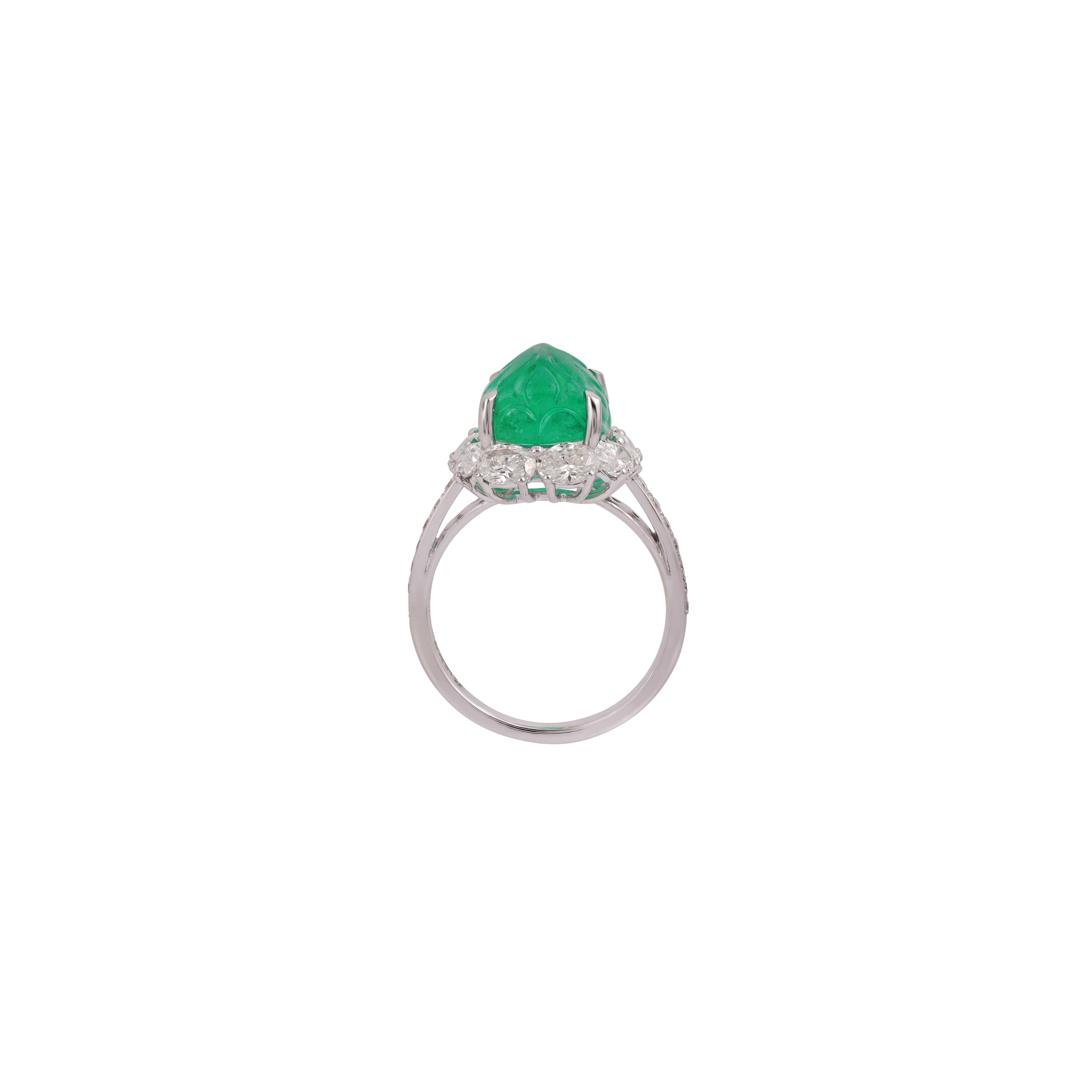 Contemporary 6.46 Carat Carved Zambian Emerald & Cluster Diamond Ring in 18k White Gold For Sale