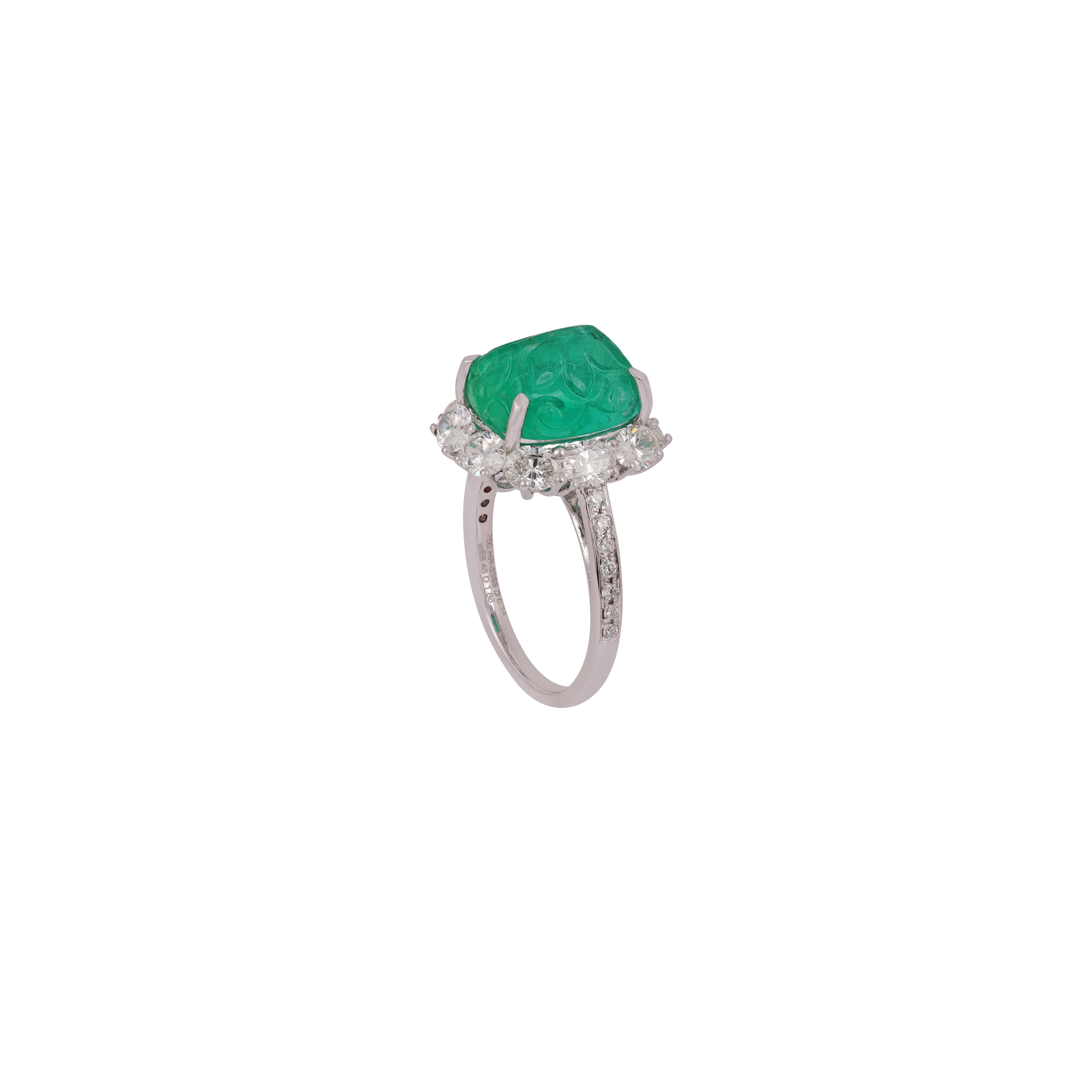 Sugarloaf Cabochon 6.46 Carat Carved Zambian Emerald & Cluster Diamond Ring in 18k White Gold For Sale