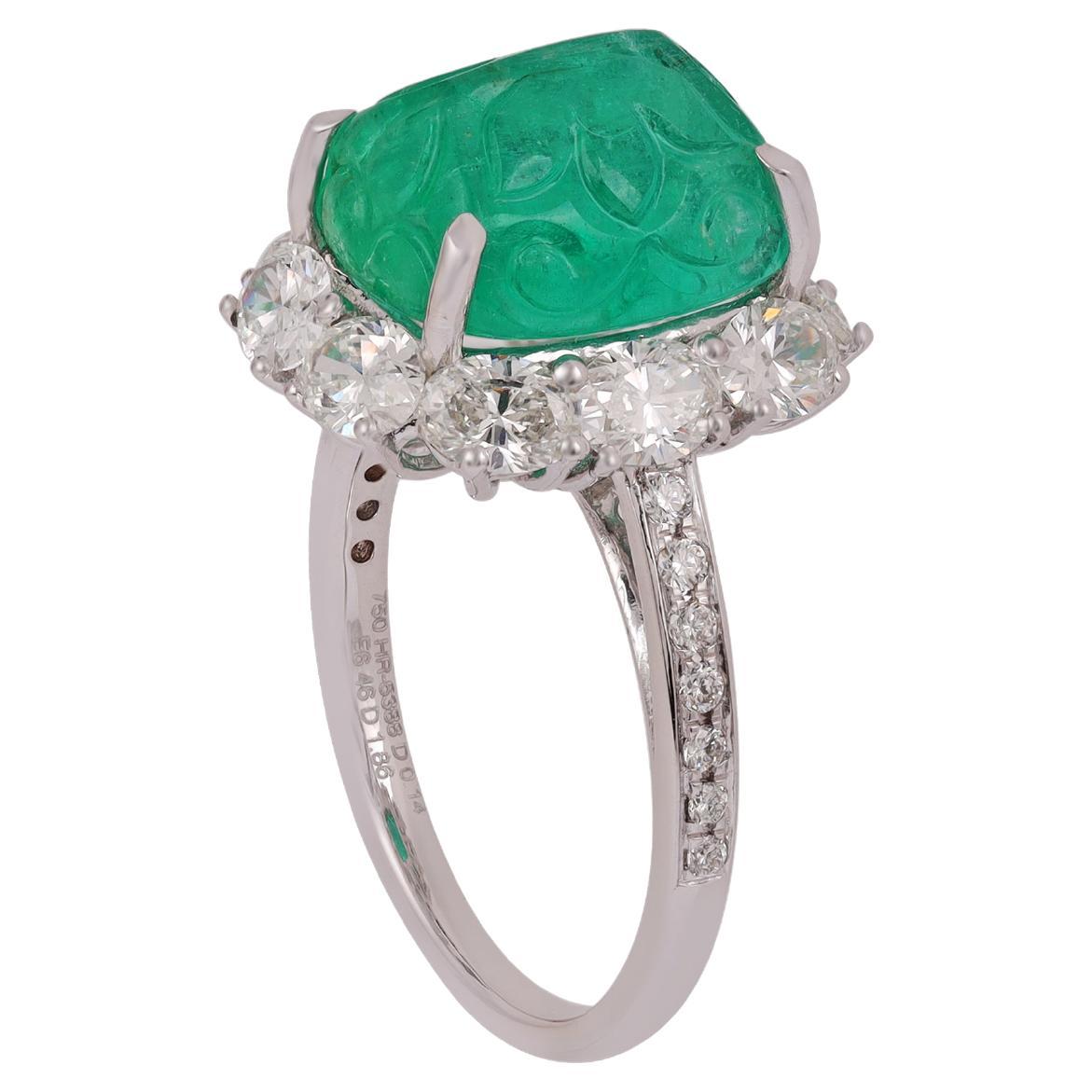 6.46 Carat Carved Zambian Emerald & Cluster Diamond Ring in 18k White Gold For Sale