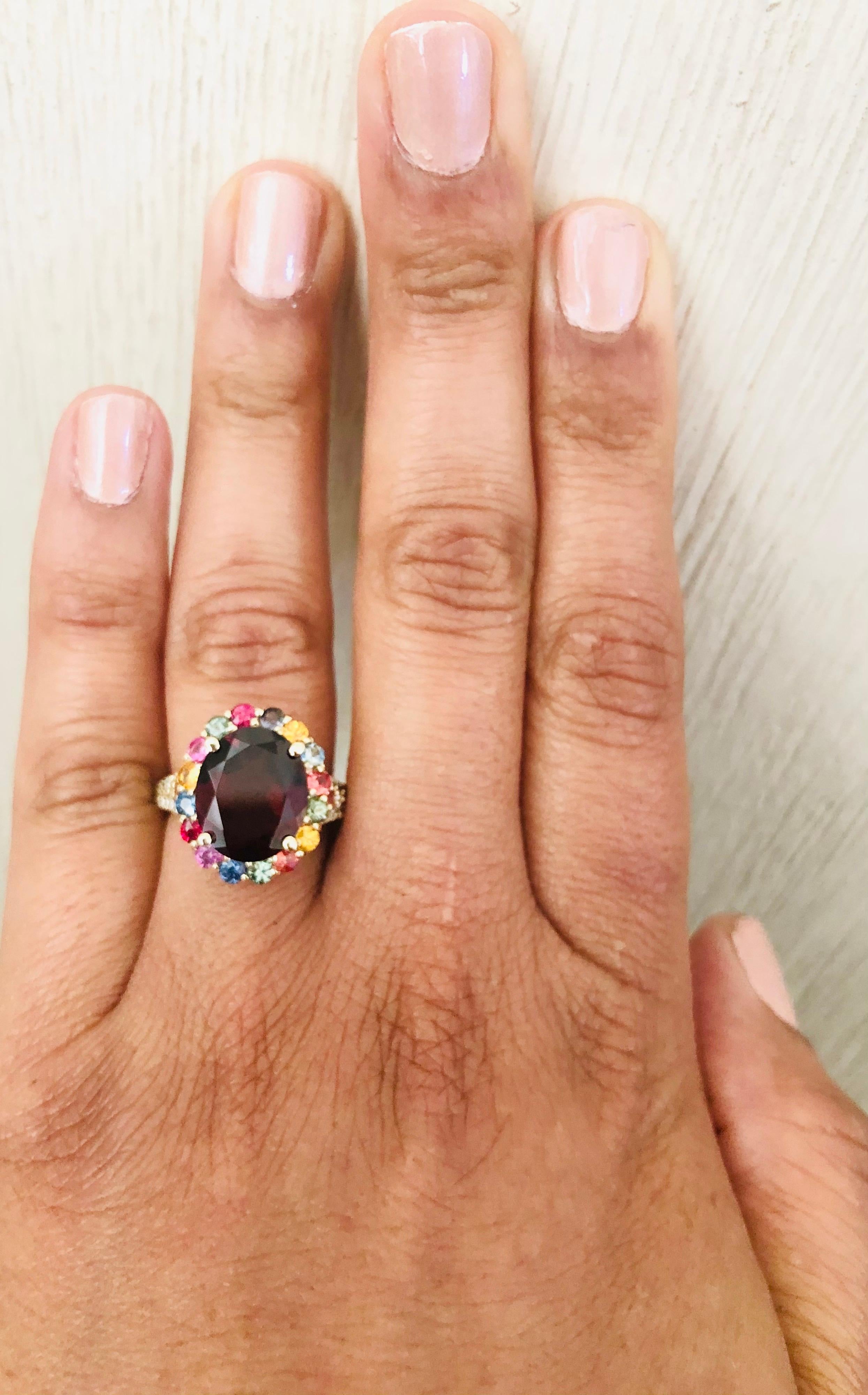 6.46 Carat Garnet Sapphire Diamond 14 Karat Yellow Gold Ring In New Condition In Los Angeles, CA