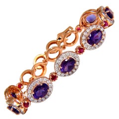 Bracelet en or 14 carats avec améthyste naturelle de 6,46 carats, rubis et diamants en halo