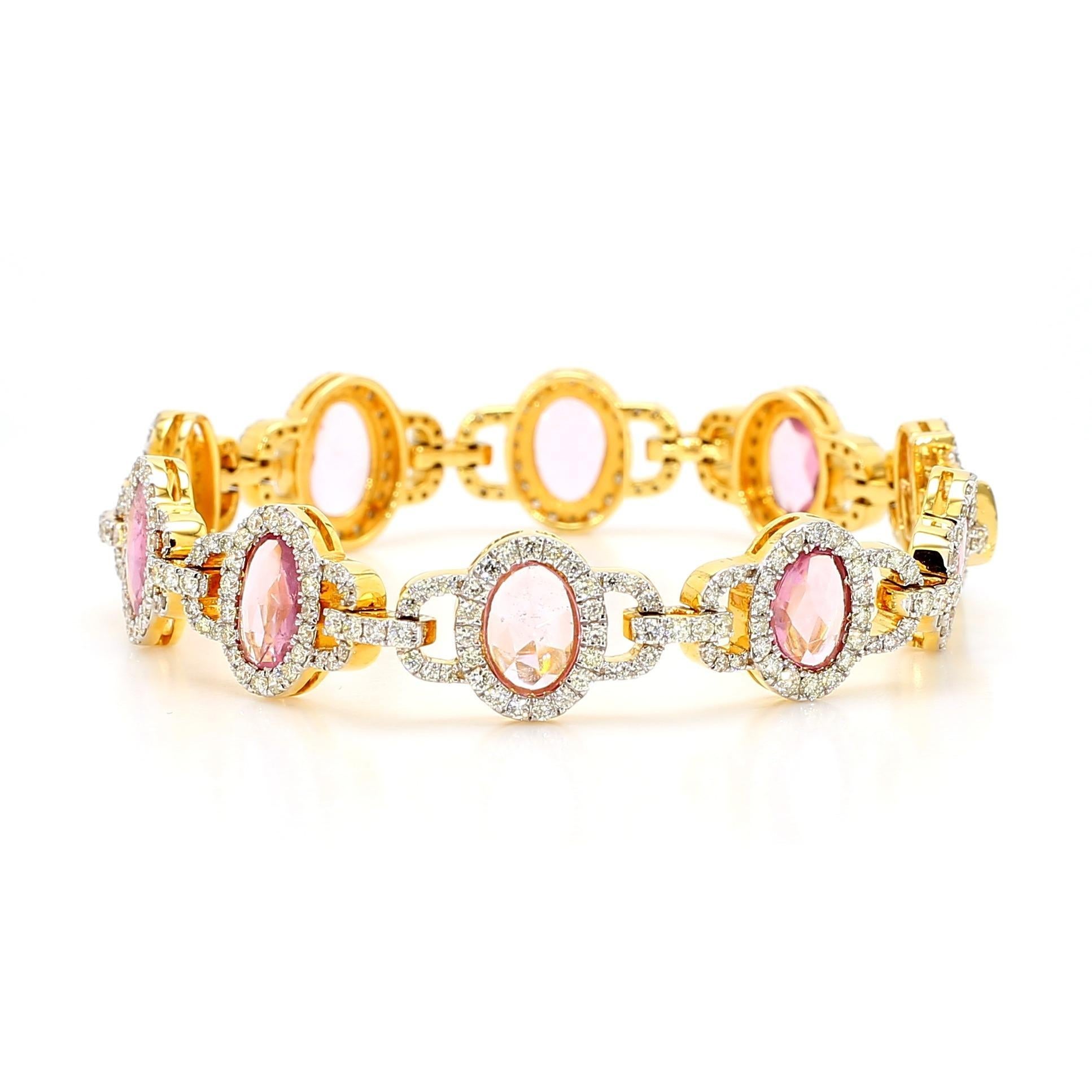 Oval Cut 6.46 Carat Natural Pink Sapphire and Diamond Bracelet For Sale