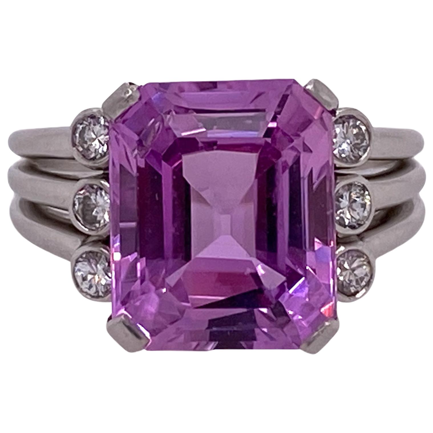 6.46 Carat Pink Ceylon Emerald Cut Sapphire Diamond Platinum Ring AGL Untreated