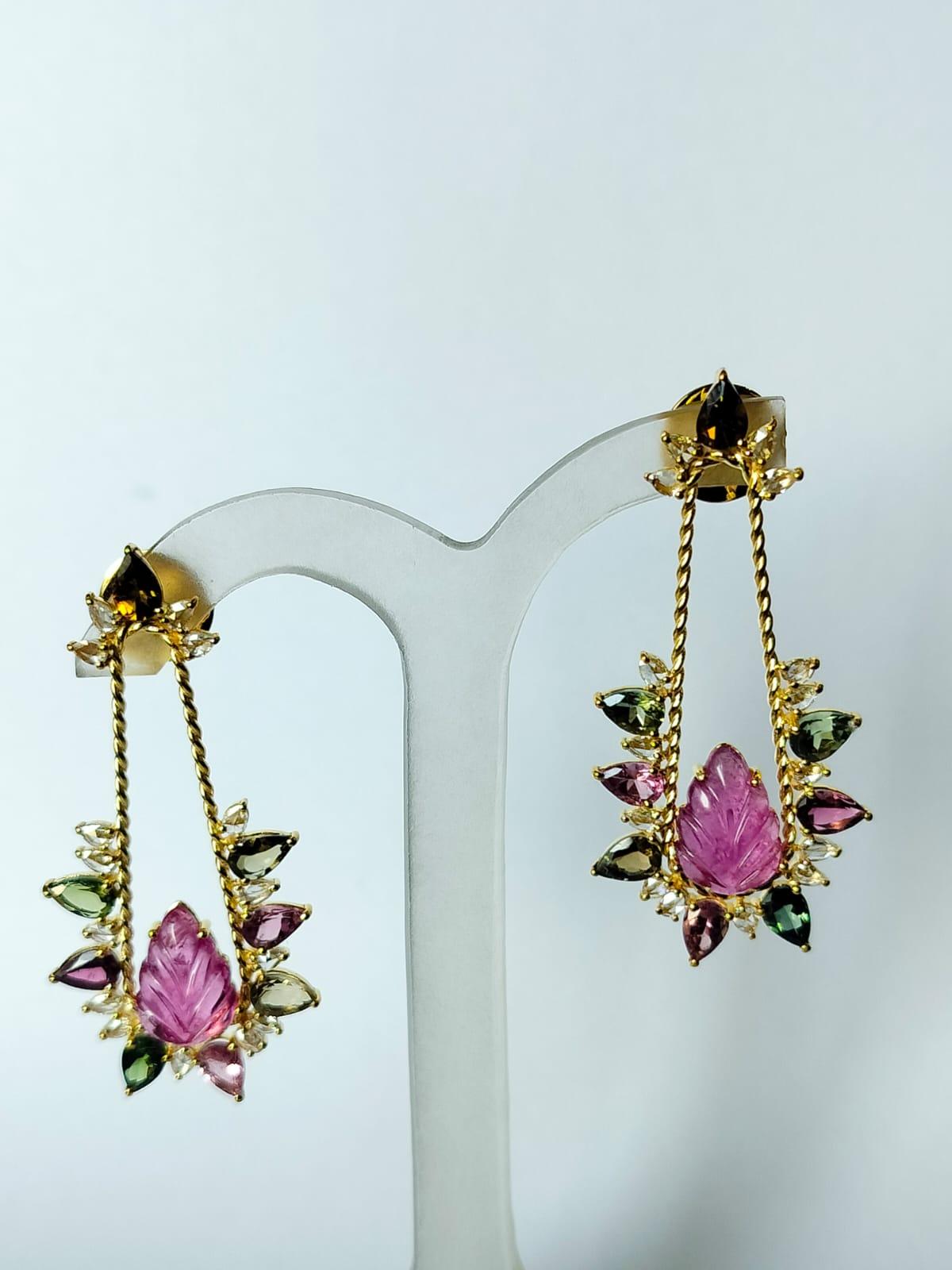 6.46 carats, carved Tourmaline, Multi Sapphire & Diamonds Chandelier Earrings In New Condition For Sale In Hong Kong, HK