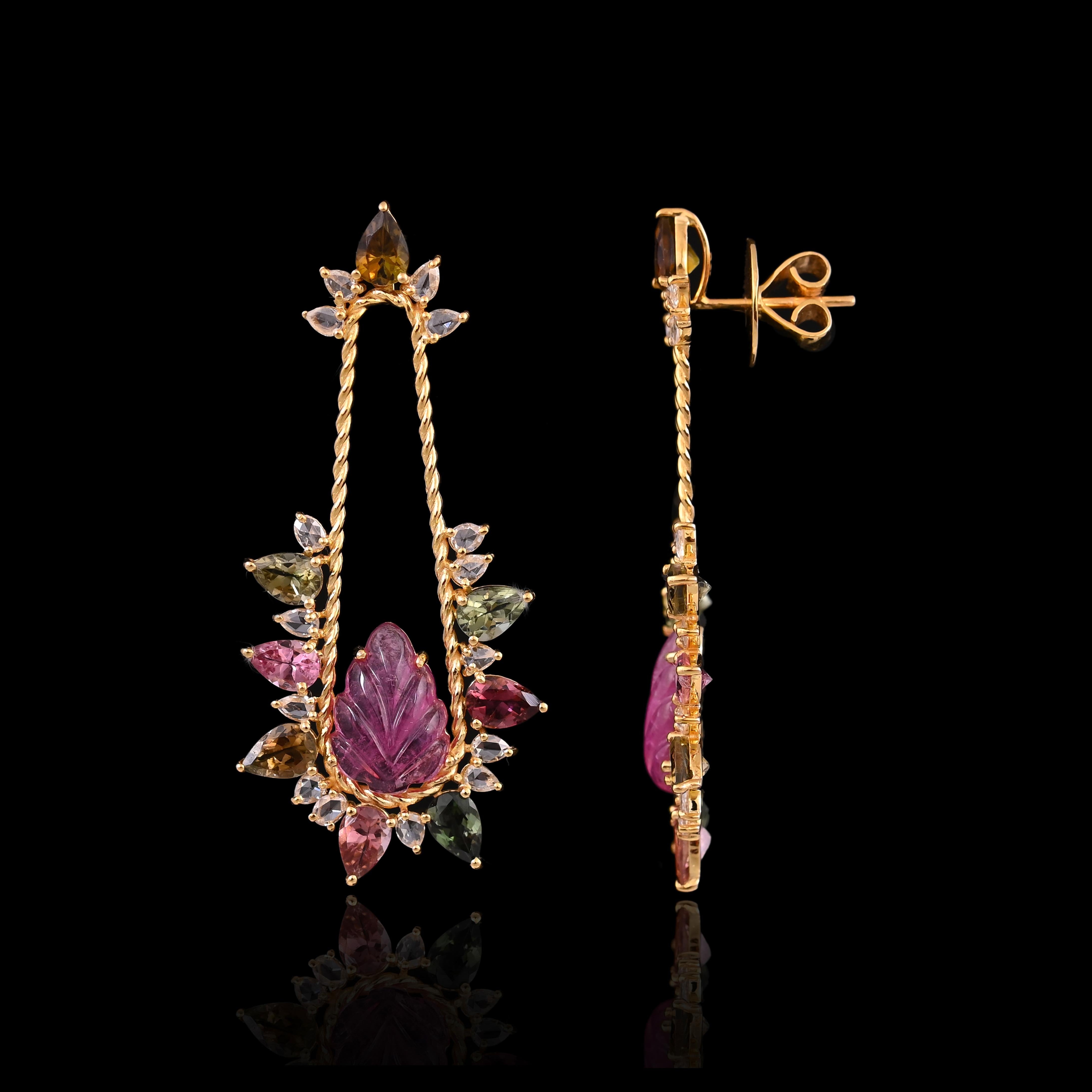 6.46 carats, carved Tourmaline, Multi Sapphire & Diamonds Chandelier Earrings For Sale 2
