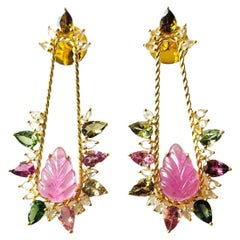 6.46 carats, carved Tourmaline, Multi Sapphire & Diamonds Chandelier Earrings
