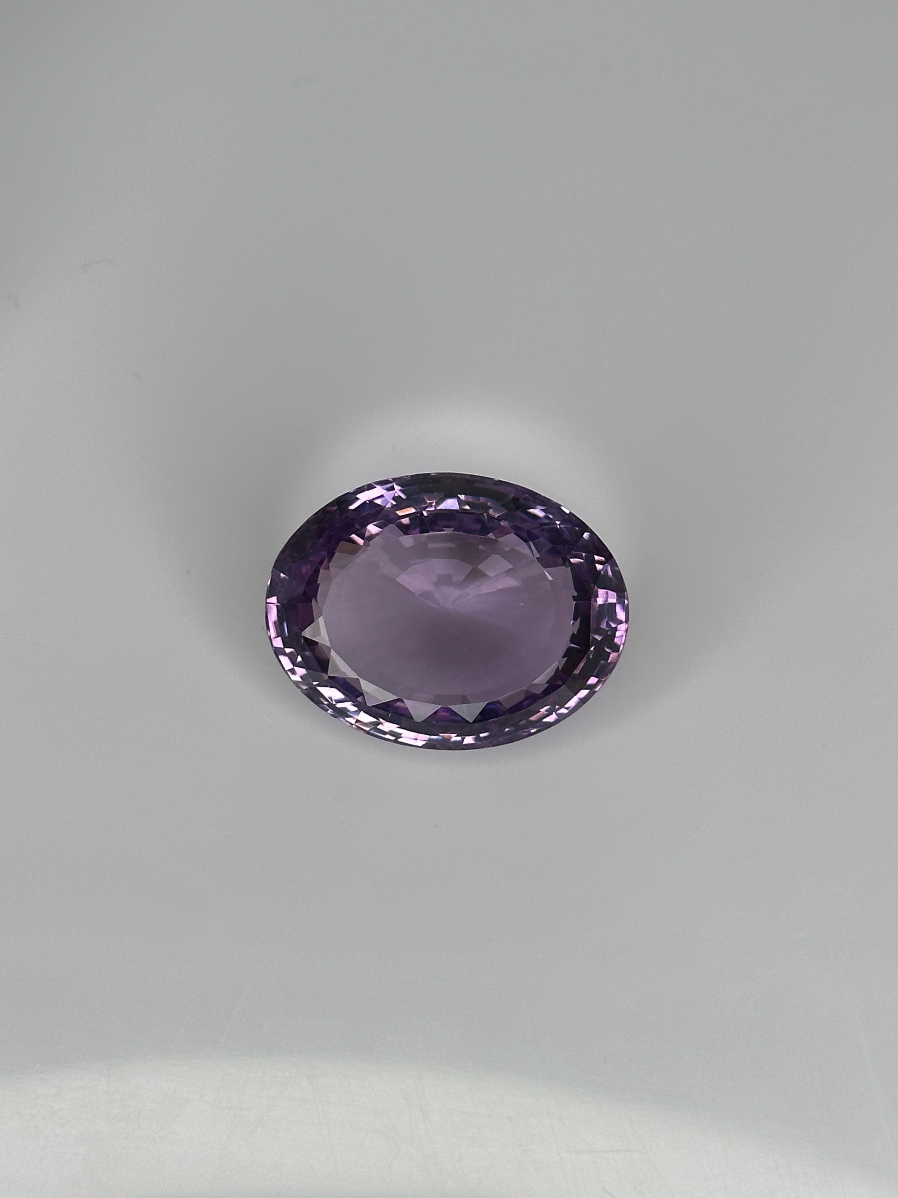 A collector's 64.62 carat, Mix-Cut Amethyst.

64.62 carat Oval Light Purple Amethyst
Shape: Oval
Crown: Modified Brilliant
Pavilion: Step
Dimensions: 30.02 x 22.85 x 15.46 mm
Color: Light Purple
Weight: 64.62 Carats

No Heat/Treatment

This stone is