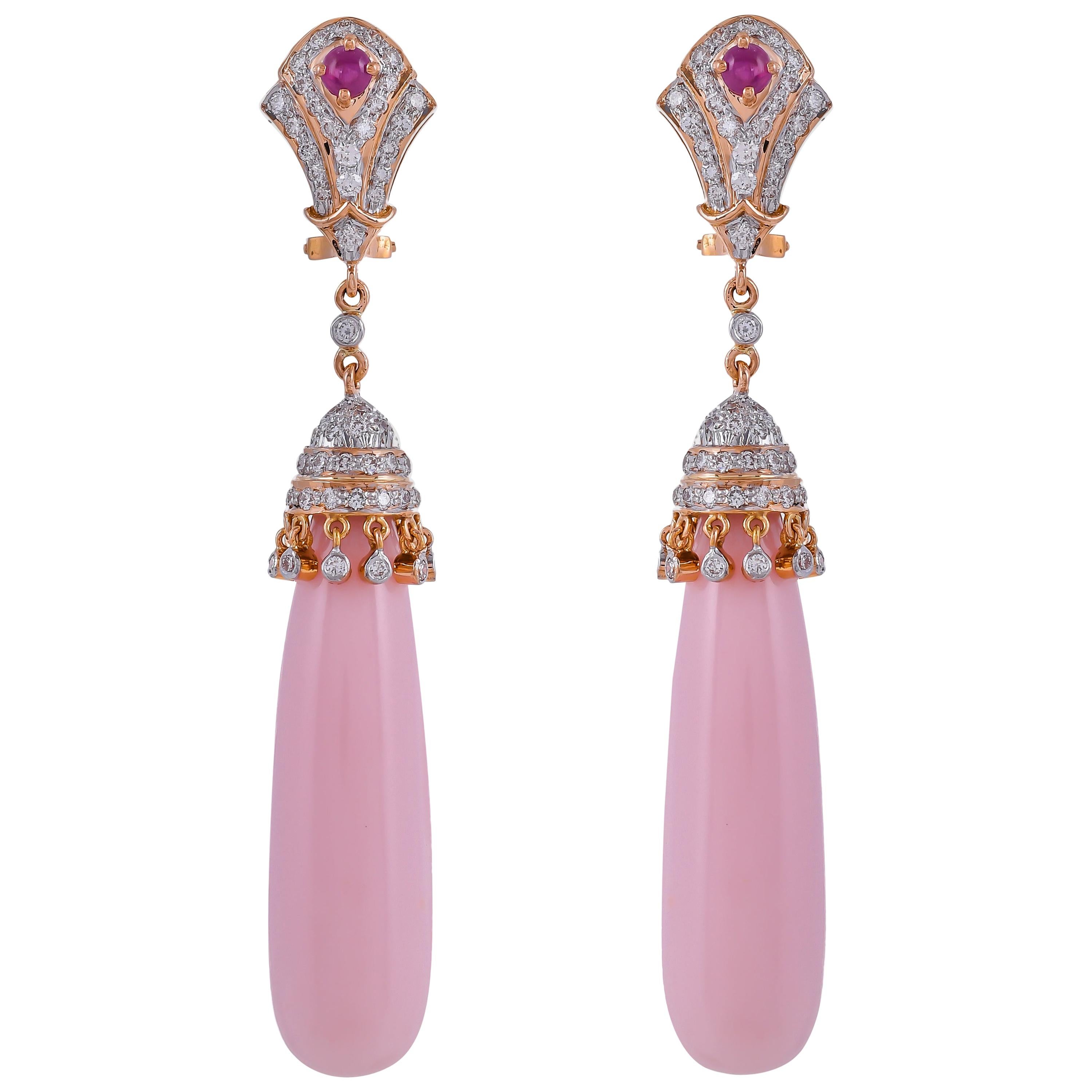 64.66 Carat Pink Opal Ruby Diamond 18 Karat Yellow Gold Teardrops Earrings For Sale
