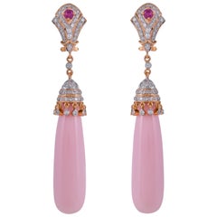 64.66 Carat Pink Opal Ruby Diamond 18 Karat Yellow Gold Teardrops Earrings