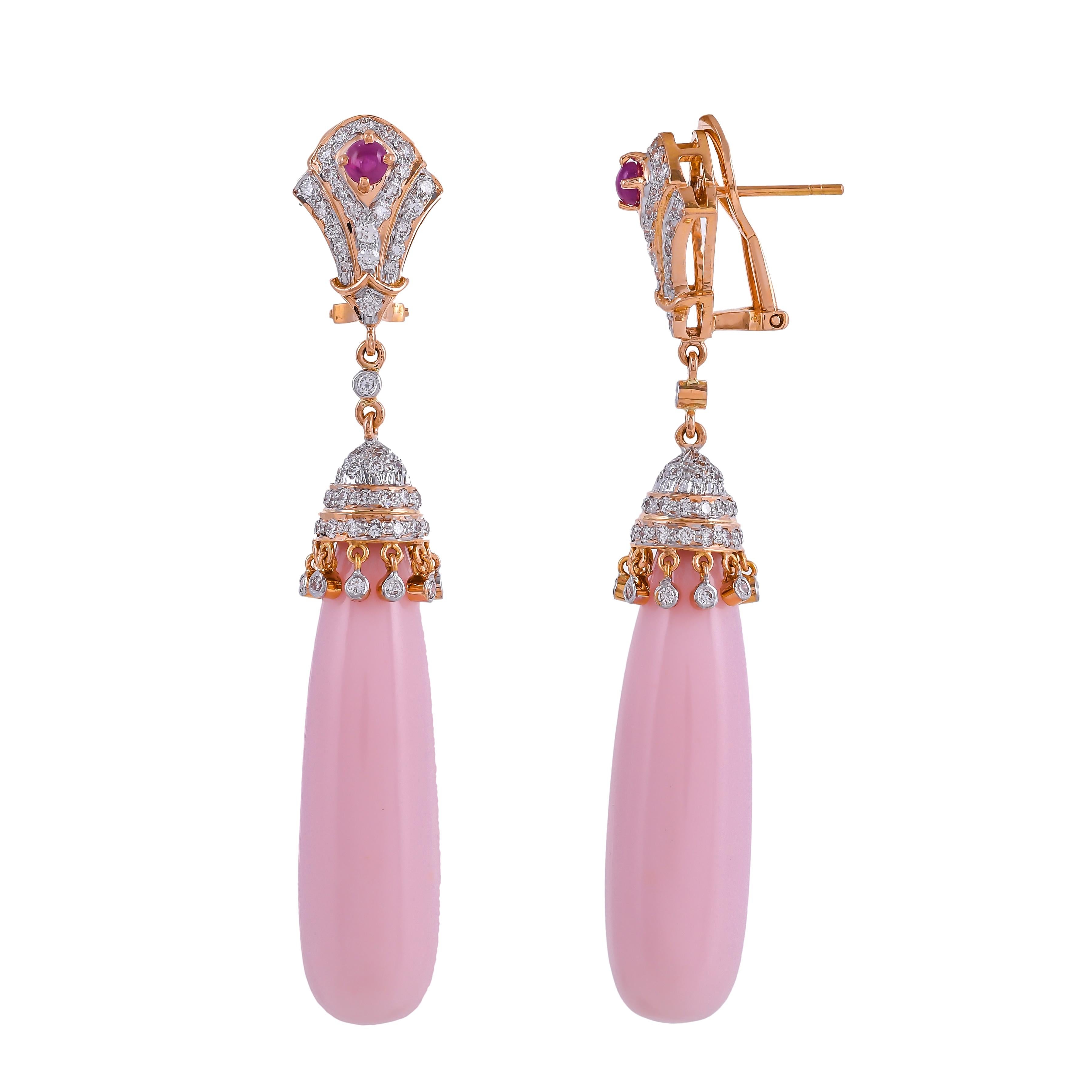 This elegant pair of earrings features 0.49 carats ruby surrounded by pave set 2.07 carats white diamonds further decorated with 64.66 carats pink opal teardrops from the dangling diamond-set cap, mounted in 18 karats yellow gold. Modern style with