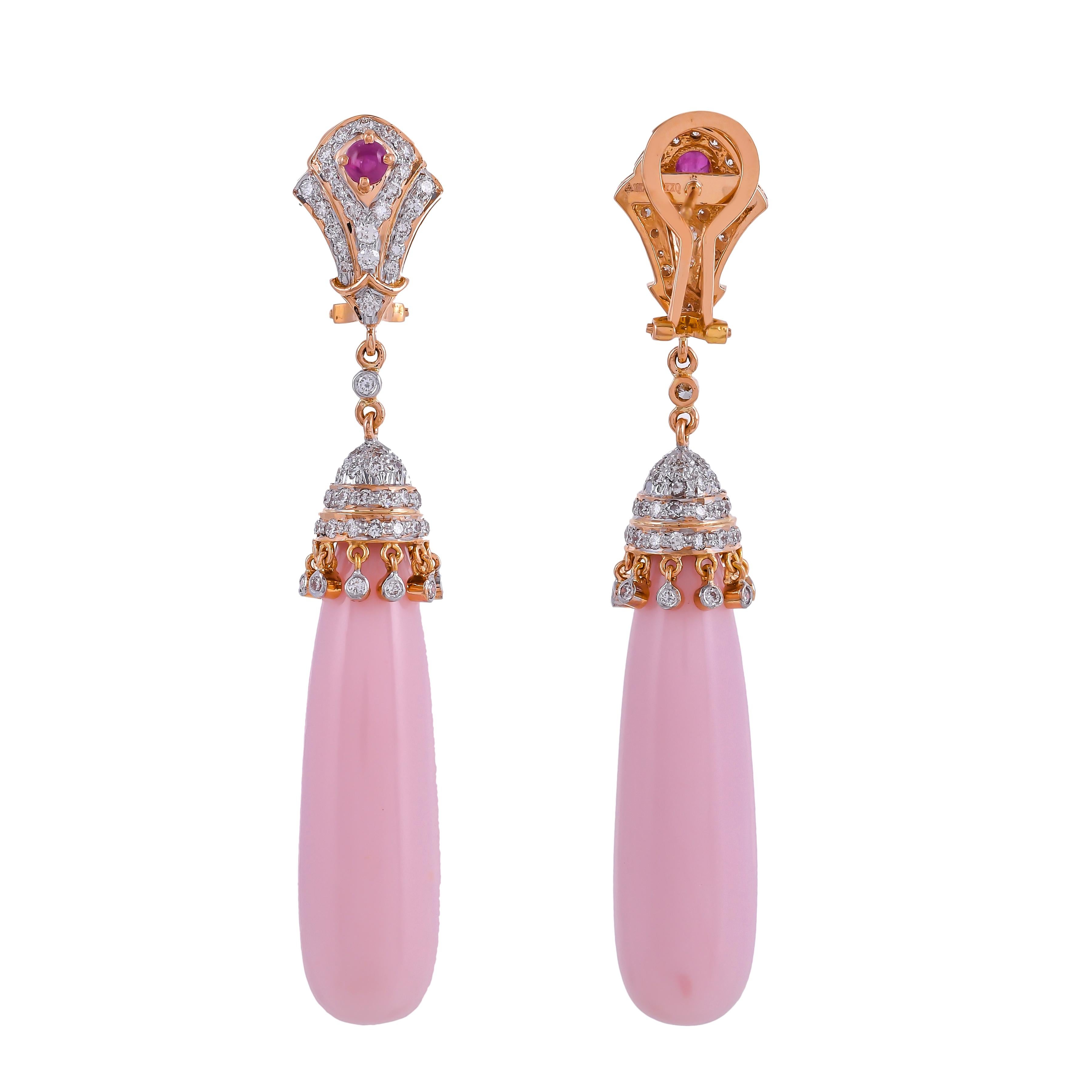 Modern 64.66 Carat Pink Opal Ruby Diamond 18 Karat Yellow Gold Teardrops Earrings For Sale
