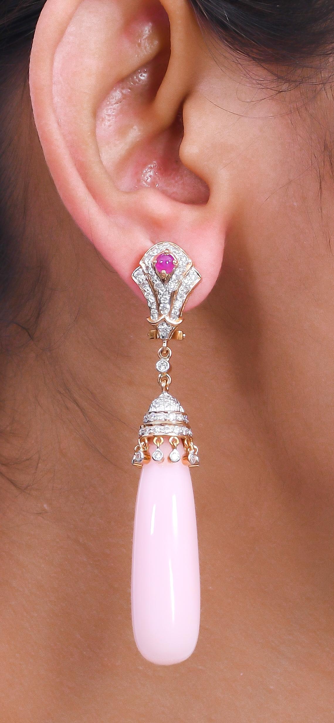 Cabochon 64.66 Carat Pink Opal Ruby Diamond 18 Karat Yellow Gold Teardrops Earrings For Sale