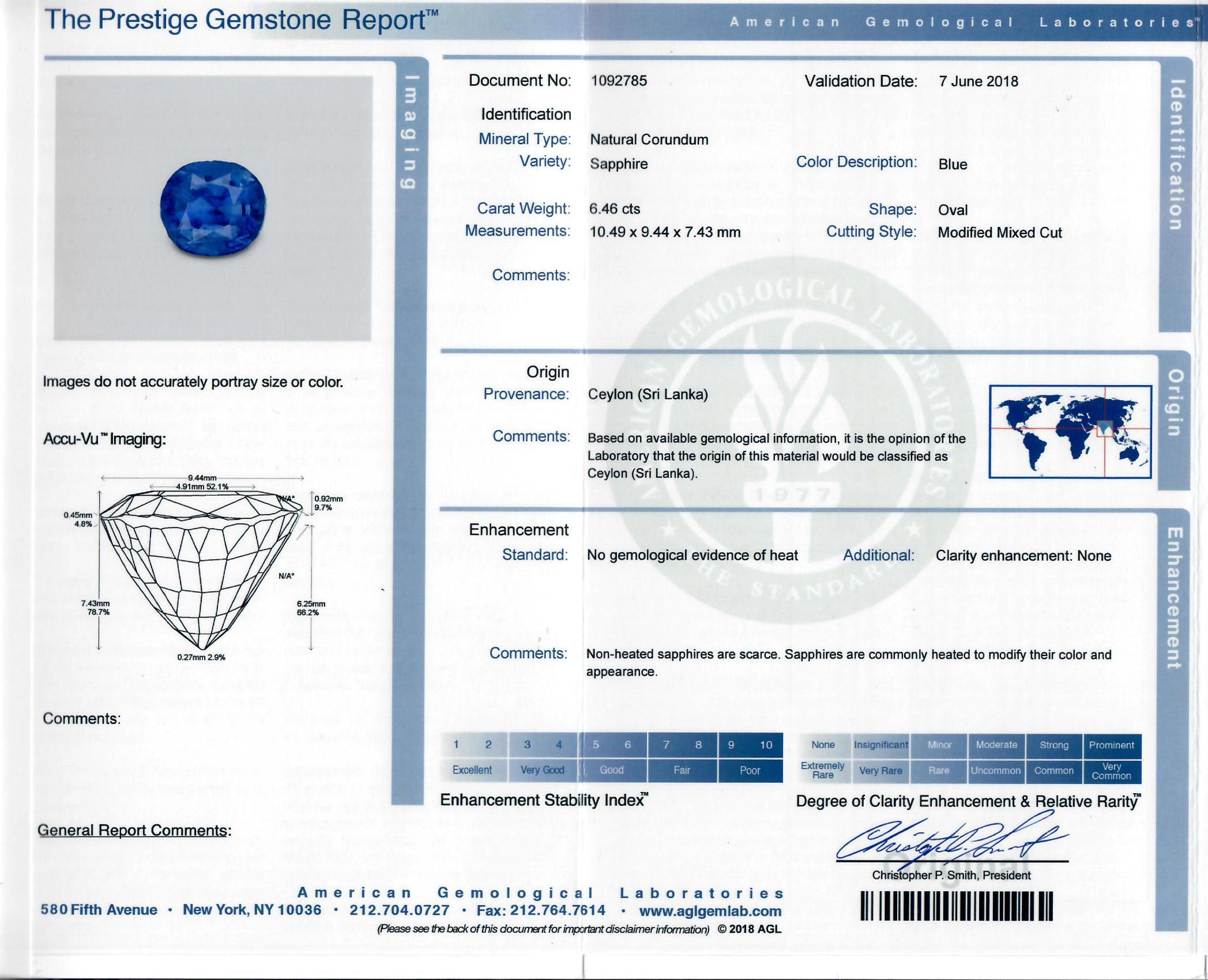 6.46ct Ceylon No Heat AGL Sapphire 2.20ct Diamond Platinum Ring For Sale 5