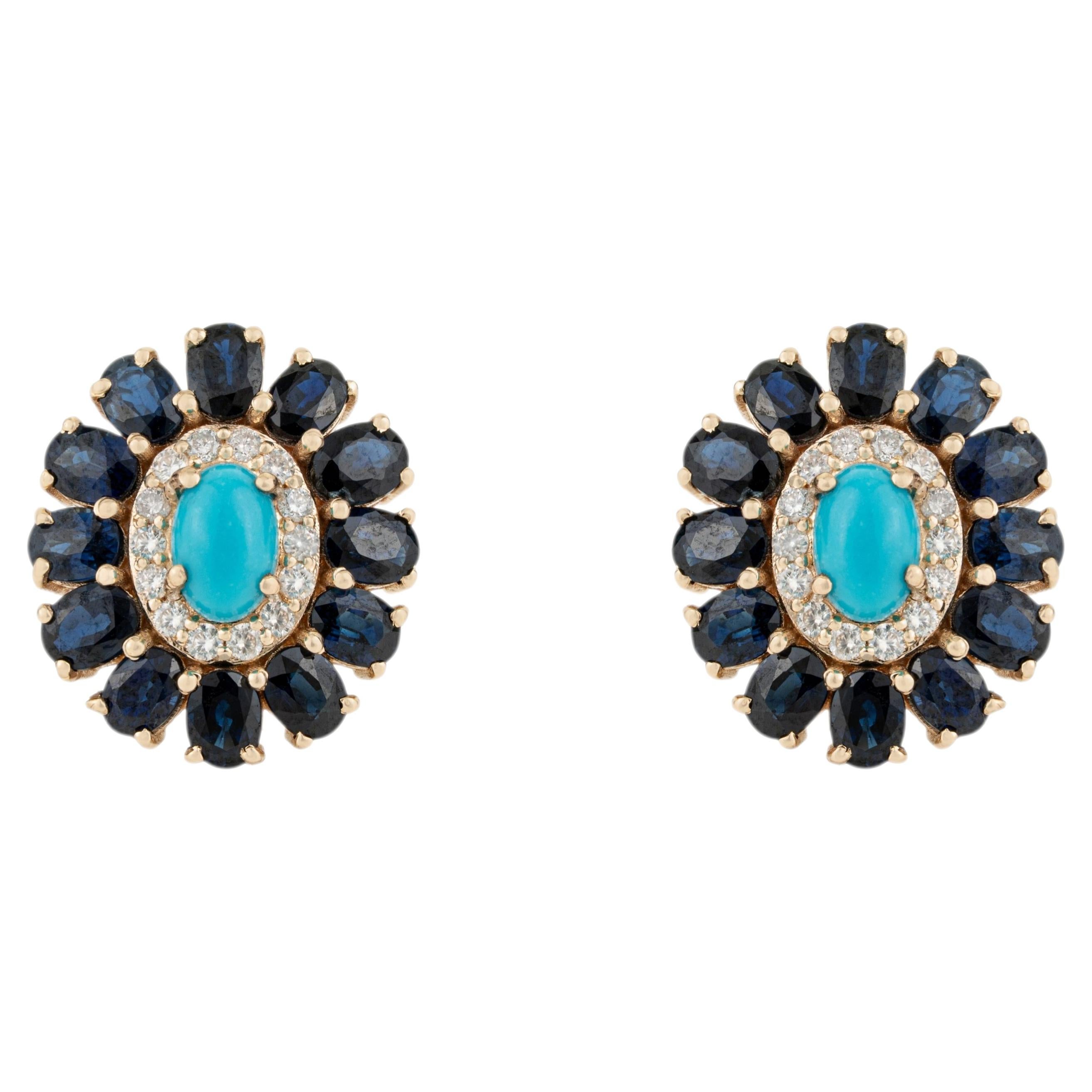 6.46CT Turquoise Sapphire Diamond Halo Floral Cluster Stud Earrings in 14K Gold