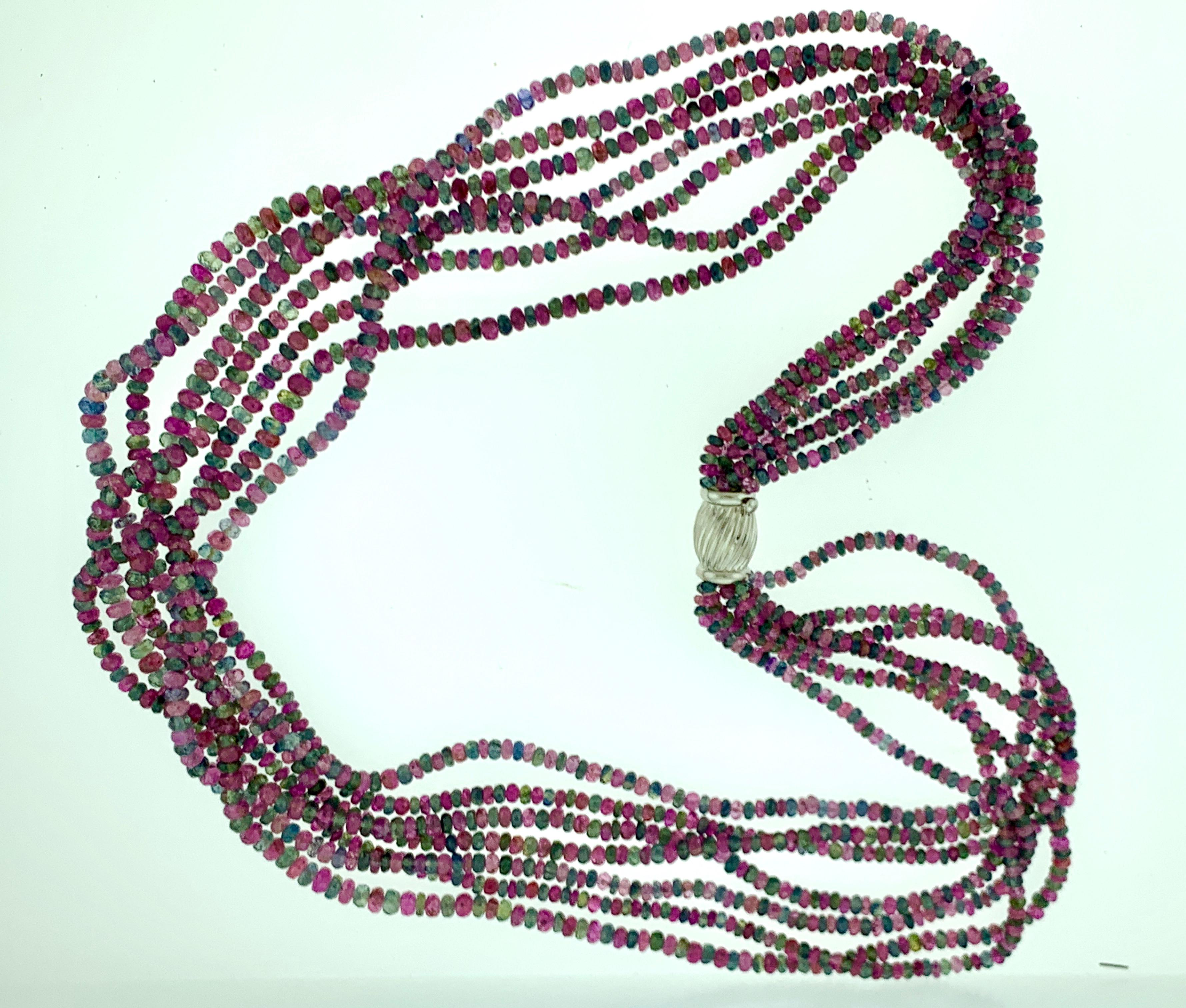Women's 647 Carat 7 Layer Natural Multi Sapphire Fine Bead Necklace 18 Karat Gold Clasp For Sale