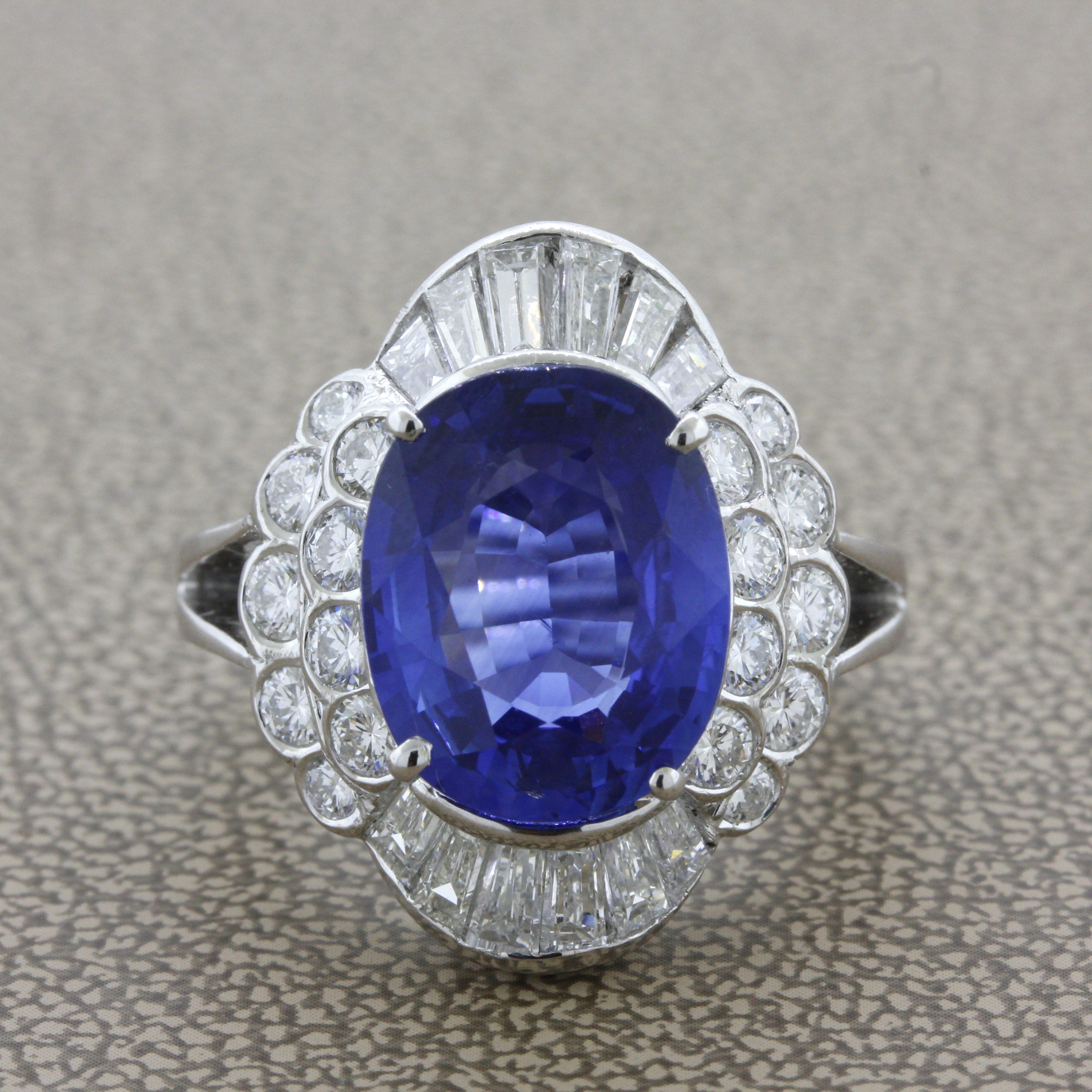 A stunning sapphire weighing an impressive 6.47 carats takes center stage of this diamond gold ring. It has a open vivid blue color which is bright and brilliant. Adding to that, I has been certified by the GIA as natural and coming from Ceylon (Sri