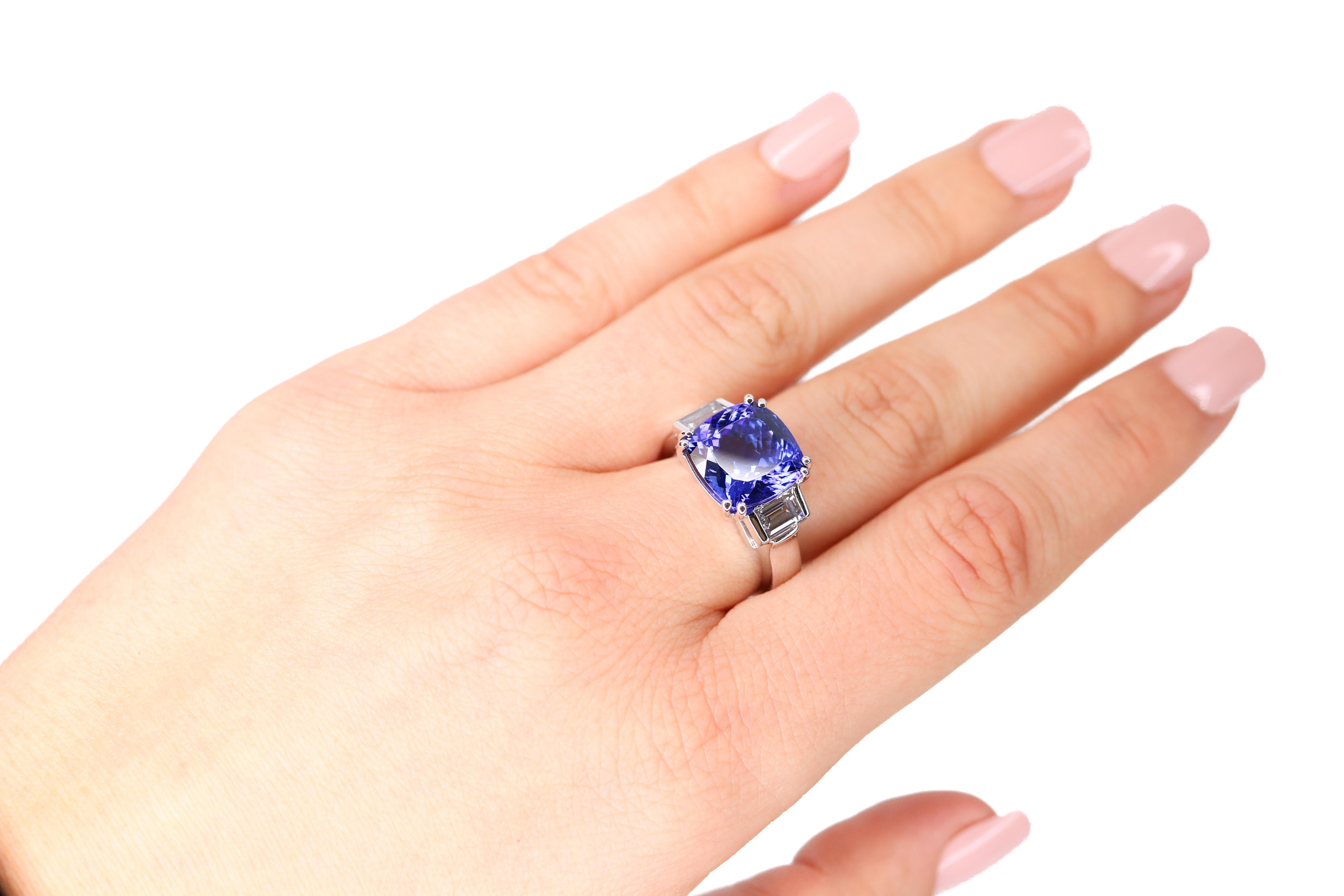6.47 Carat Cushion Tanzanite and Diamond Ring In New Condition In Calabasas, CA
