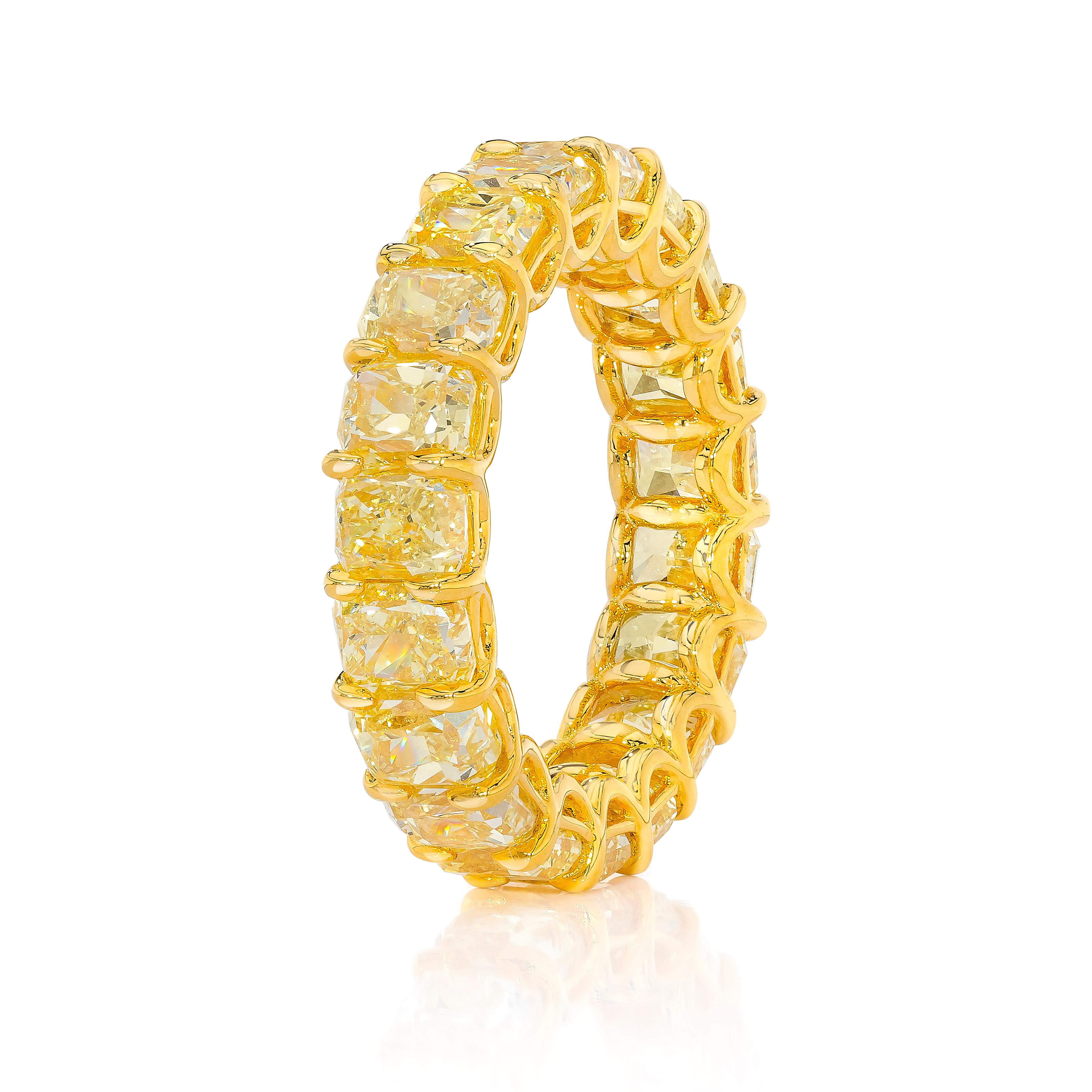 6.47 Carat Fancy Yellow Cushion Cut Diamond Eternity Band Ring In New Condition In New York, NY