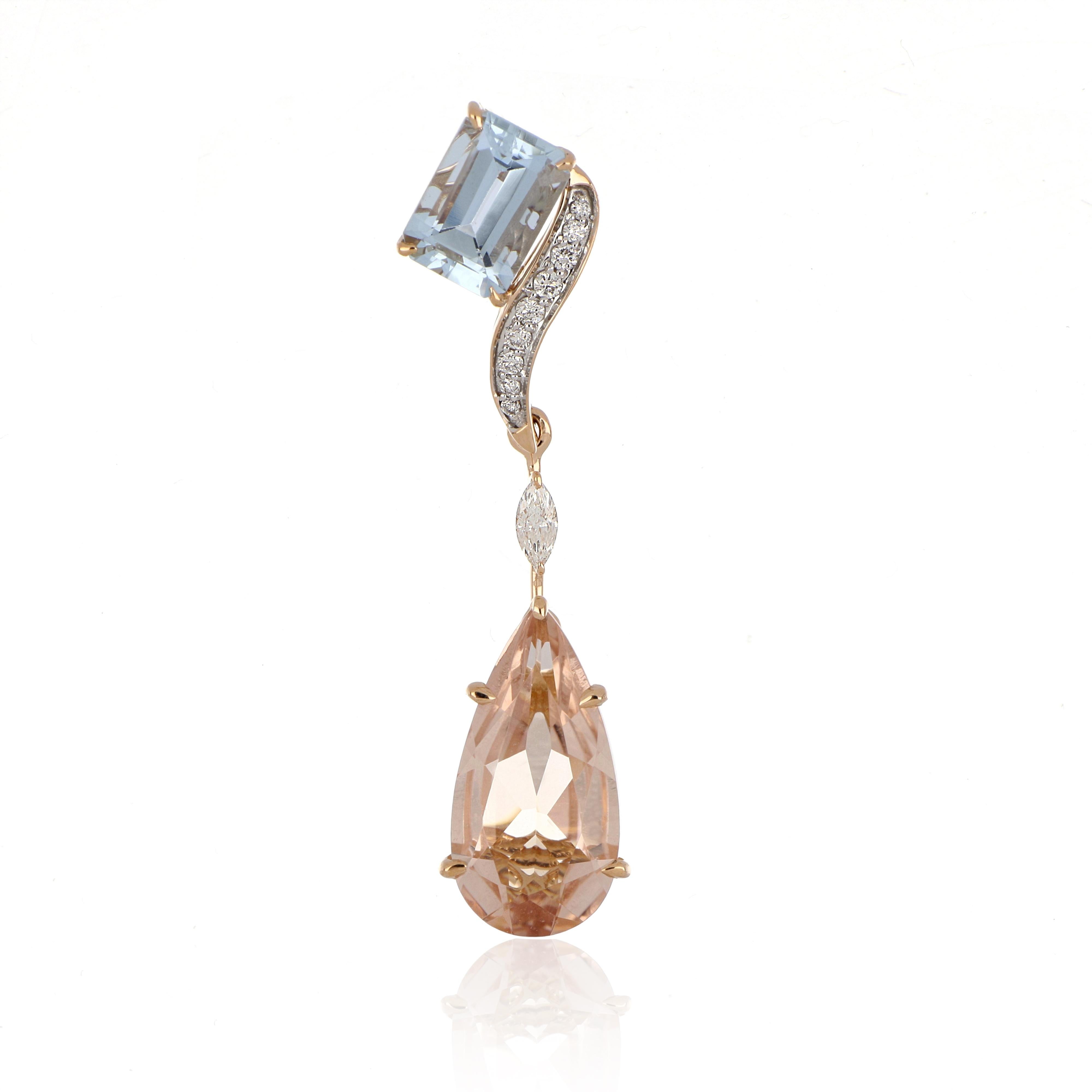 Ottagono Orecchino di Morganite e Acquamarina da 6,47 carati totali con diamanti in oro 18 carati in vendita