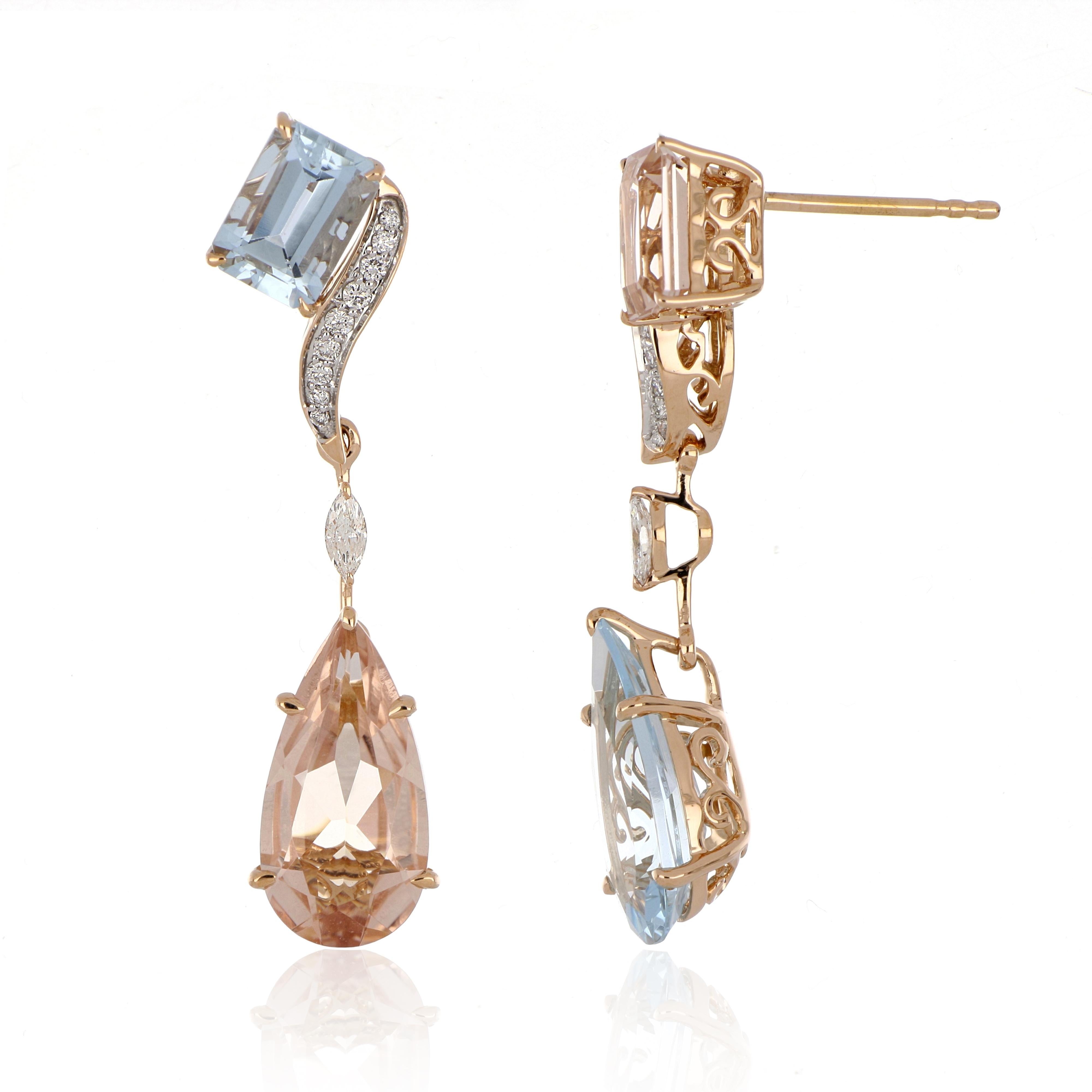 Orecchini d'oro pendenti, eleganti e squisitamente dettagliati, con acquamarina di 3,40 carati (totale), 3,07 carati (totale)  Morganite, impreziosita da diamanti rotondi e marquise, per un peso totale di circa 0.20 carati.  Splendidamente