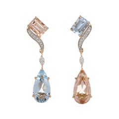 Boucles d'oreilles en or 18 carats avec aigue-marine et morganite de 6,47 carats au total et diamants