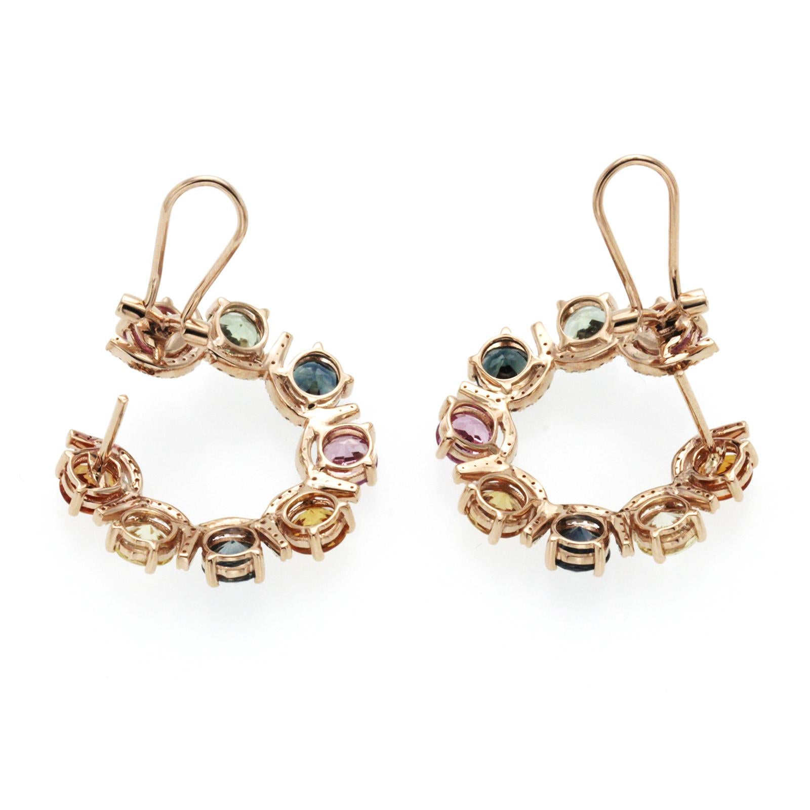 Round Cut 6.47 CT Multi Color Sapphire 0.92 CT Diamonds 14K Rose Gold Hoop Earrings For Sale