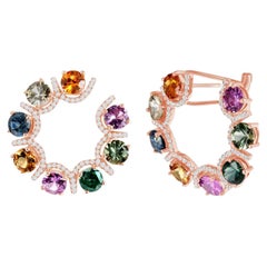 6.47 CT Multi Color Sapphire 0.92 CT Diamonds 14K Rose Gold Hoop Earrings