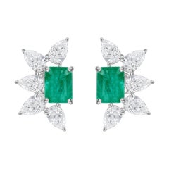 6.47 ct Natural Emerald-Cut Emerald and Diamond Pear Earrings, 18K White Gold