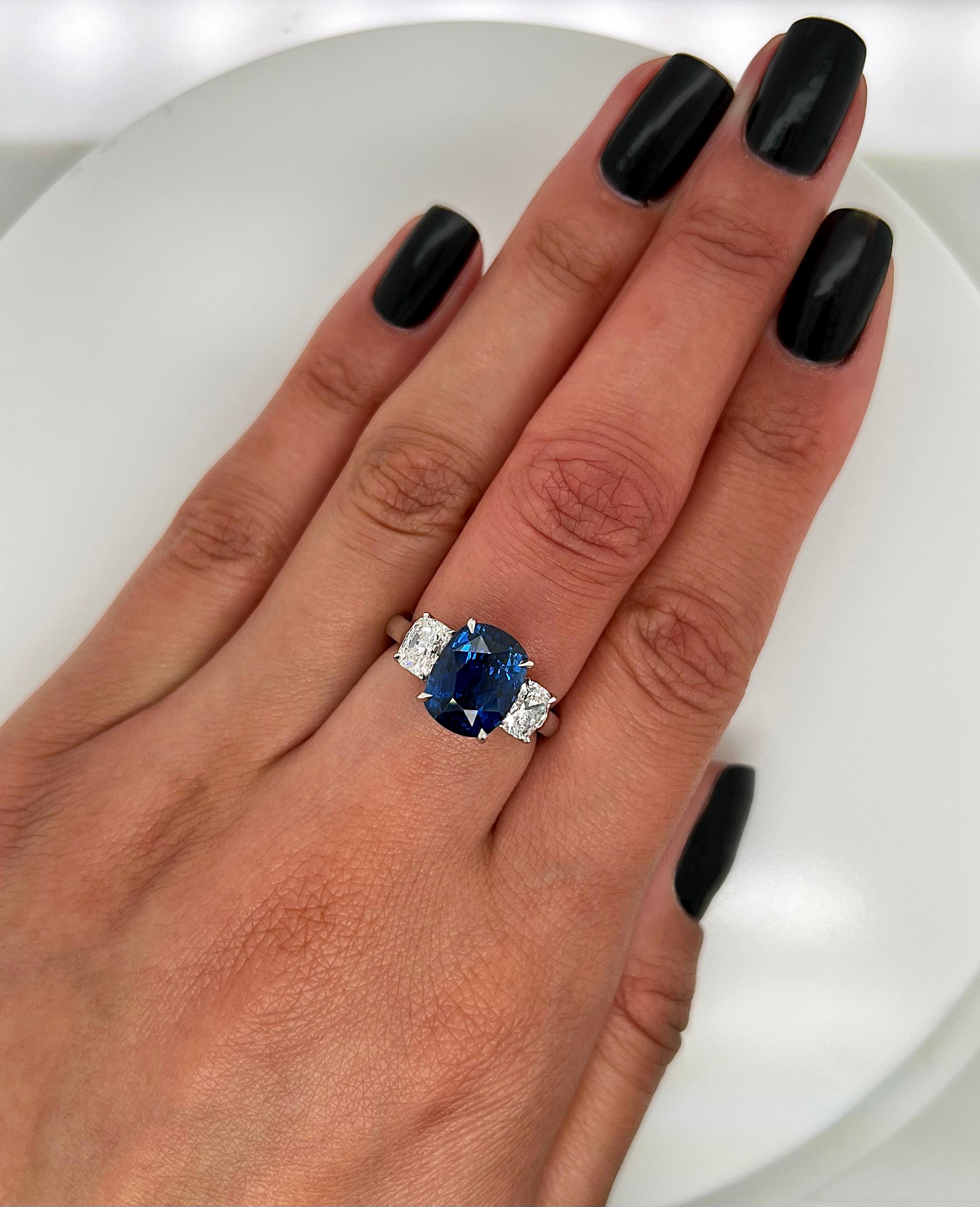 Cushion Cut 6.47 Total Carat Sapphire and Diamond Three Stone Ladies Ring For Sale