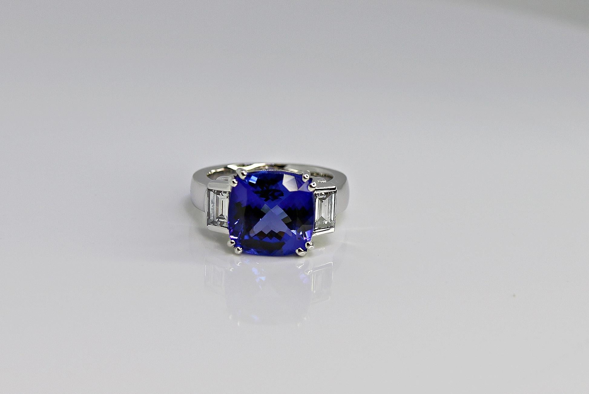 Cushion Cut 6.47 Carat Cushion Tanzanite and Diamond Ring