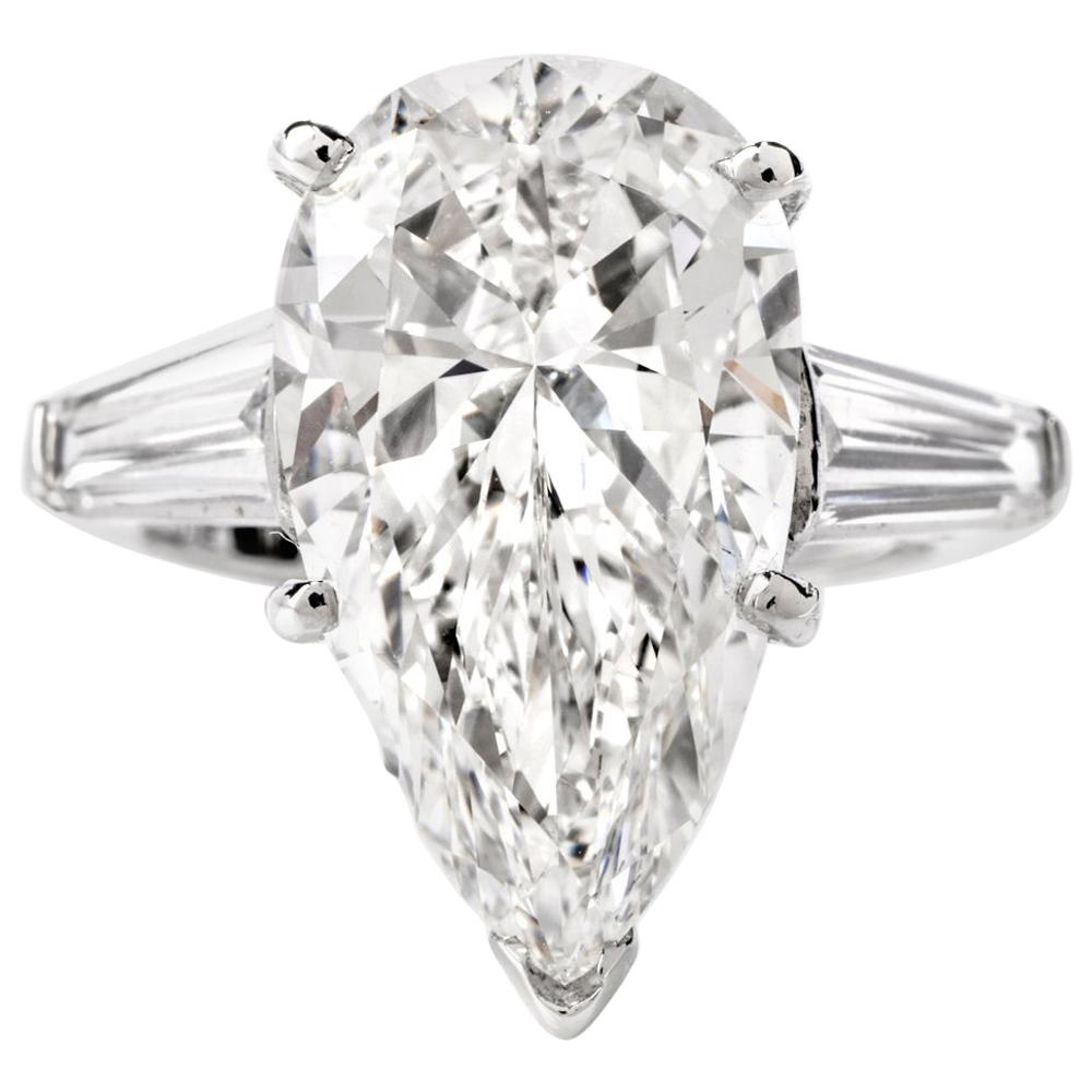 6.48 Carat E-VVS2 GIA Pear Diamond Platinum Classic Engagement Ring
