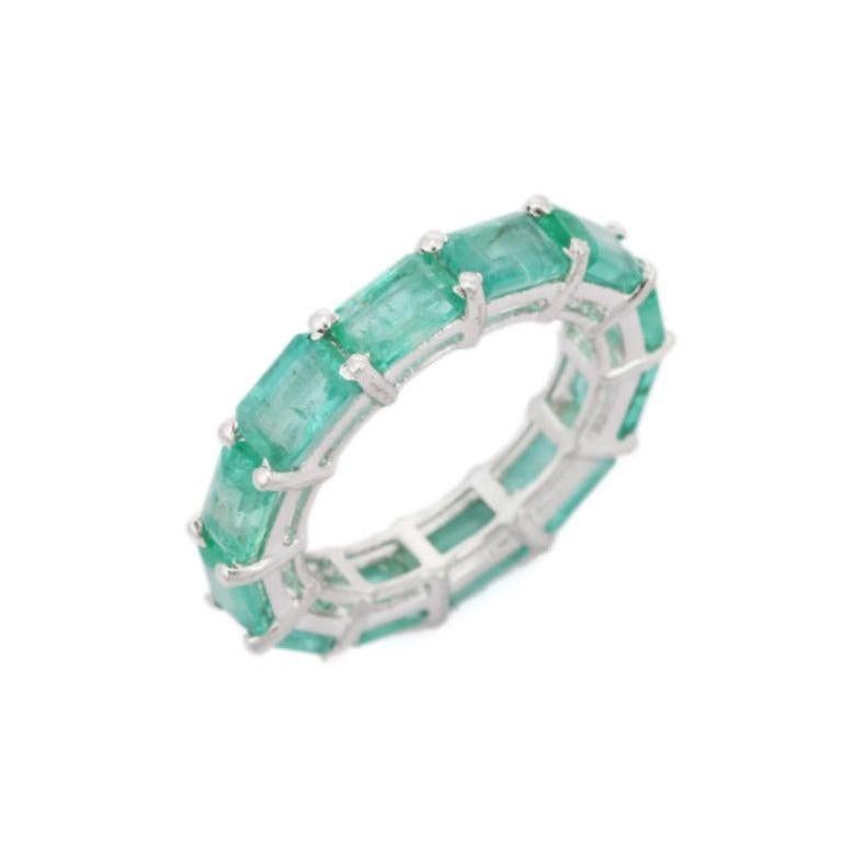 For Sale:  6.48 Carat Green Emerald Eternity Unisex Band Ring for in 925 Sterling Silver 8
