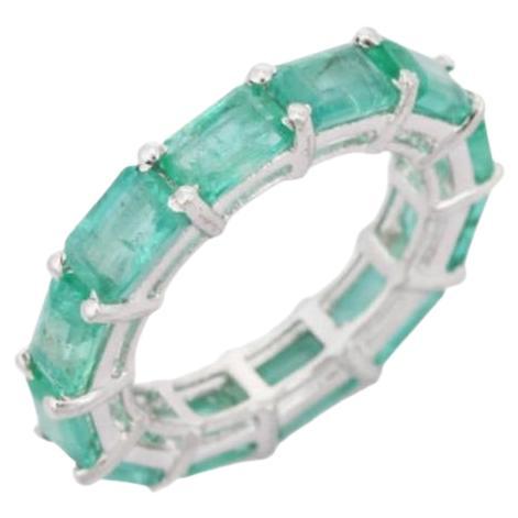 6.48 Carat Green Emerald Eternity Unisex Band Ring for in 925 Sterling Silver