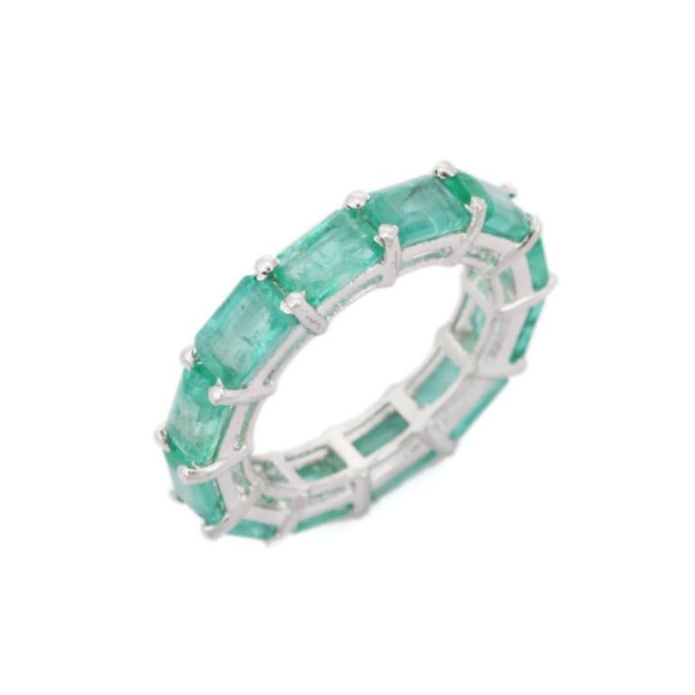 For Sale:  6.48 Carat Green Emerald Eternity Band Ring in Sterling Silver 8