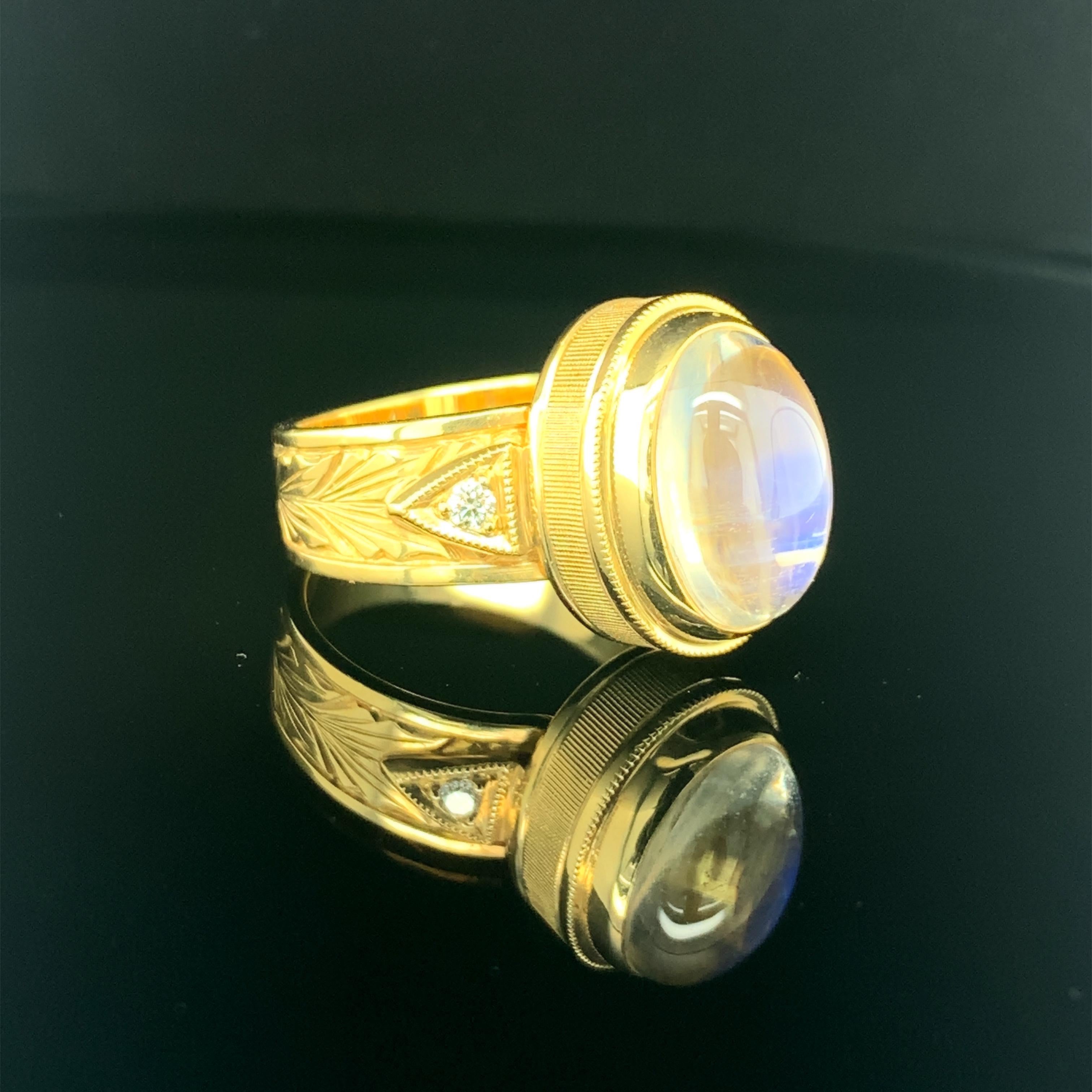 Artisan 6.48 Carat Blue Flash Moonstone and Diamond, Engraved 18k Yellow Gold Ring For Sale