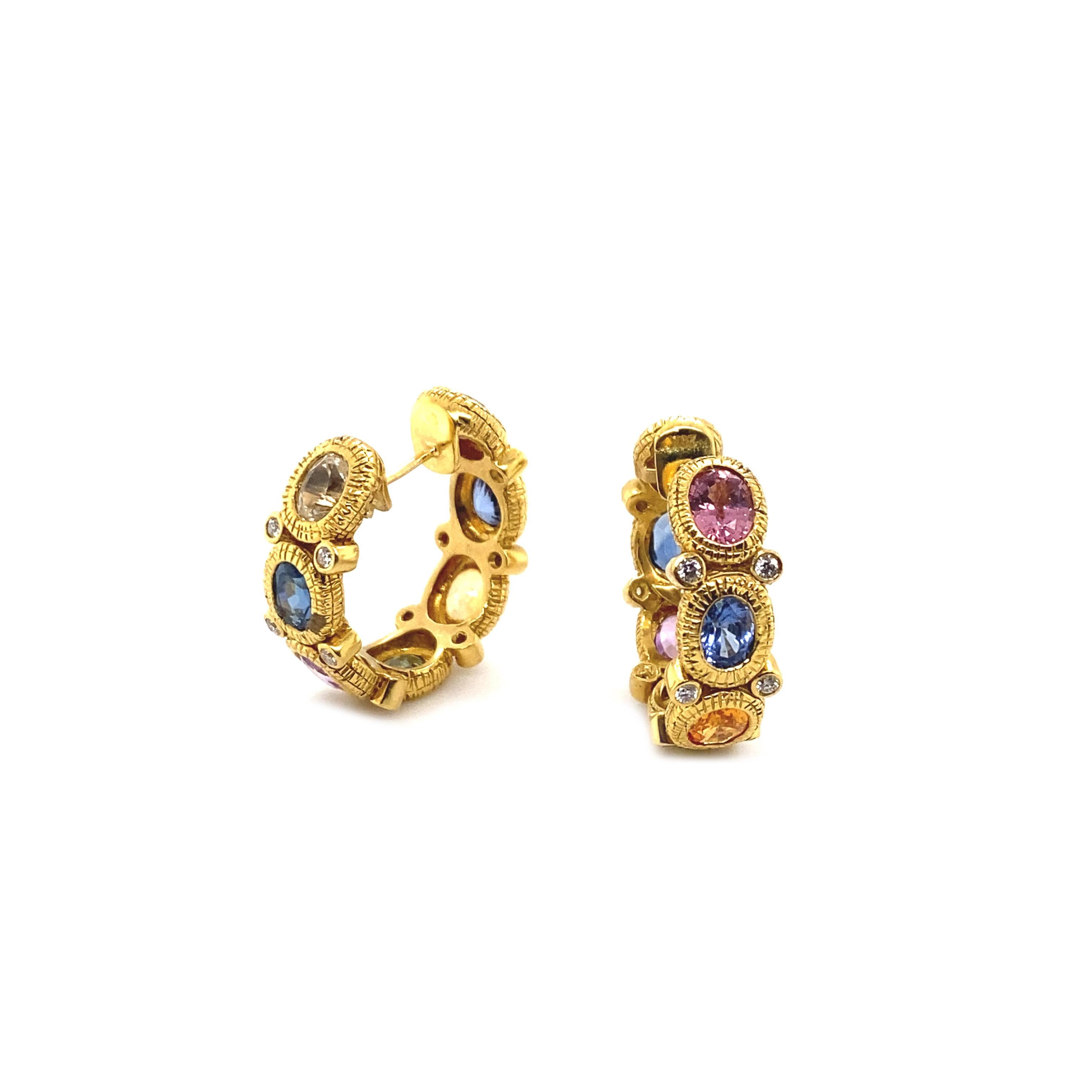 Eternity Huggy Hoops Earrings Set in 20 Karat Yellow Gold with 6.48cts Multi-Color Sapphire and Brilliant Diamonds.