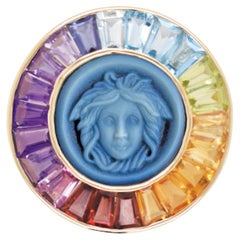 6,48 Carati Multicolor Taglio Baguette Medusa Versace Cameo Oro Bottone della Camicia