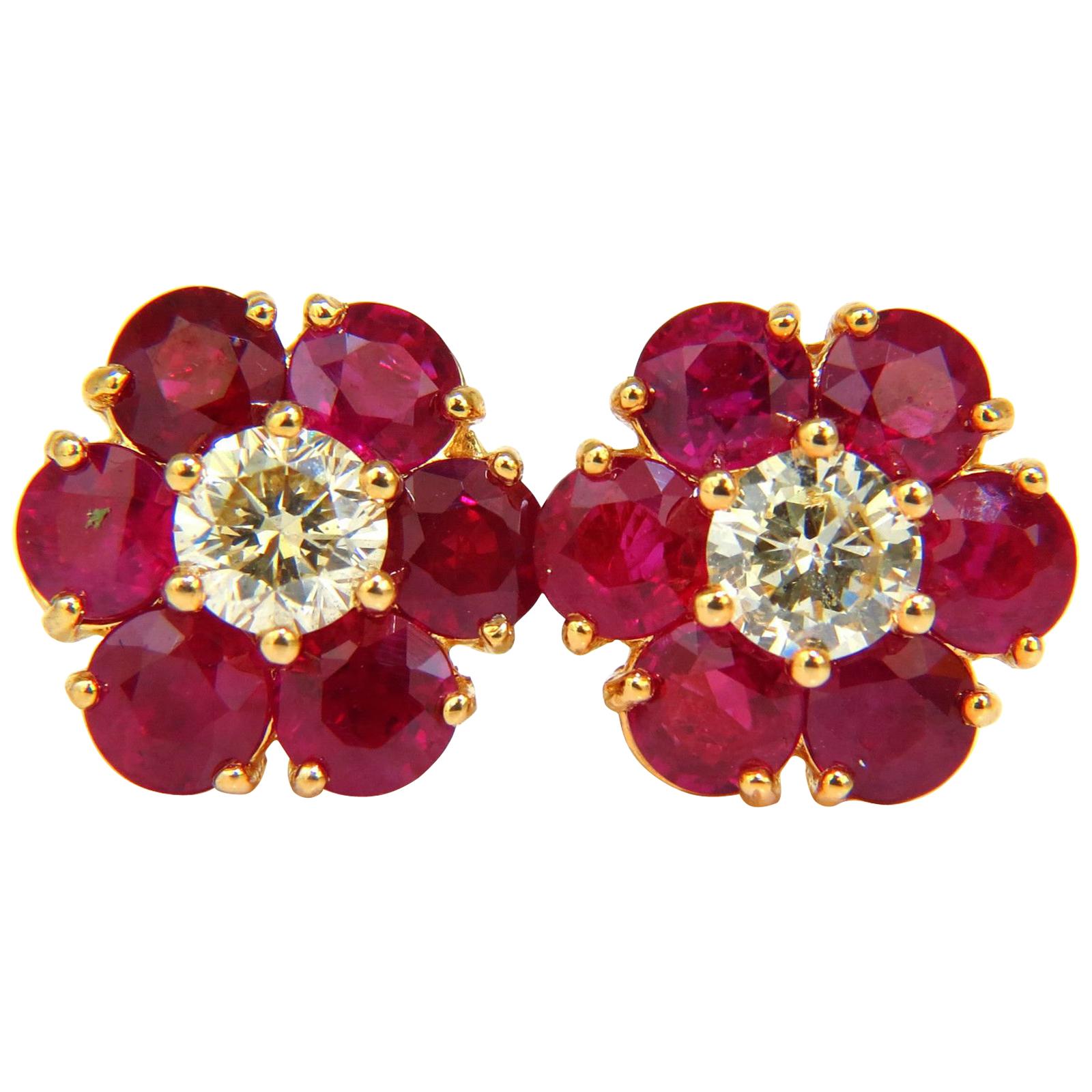 6.48 Carat Natural Fine Gem Ruby Diamond Cluster Earrings 14 Karat Vivid Red For Sale