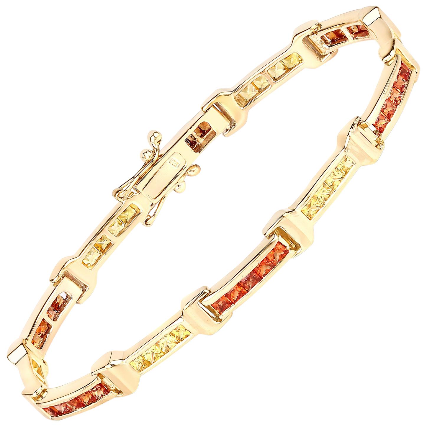 6.48 Carat Orange Sapphire and Yellow Sapphire .925 Sterling Silver Bracelet For Sale